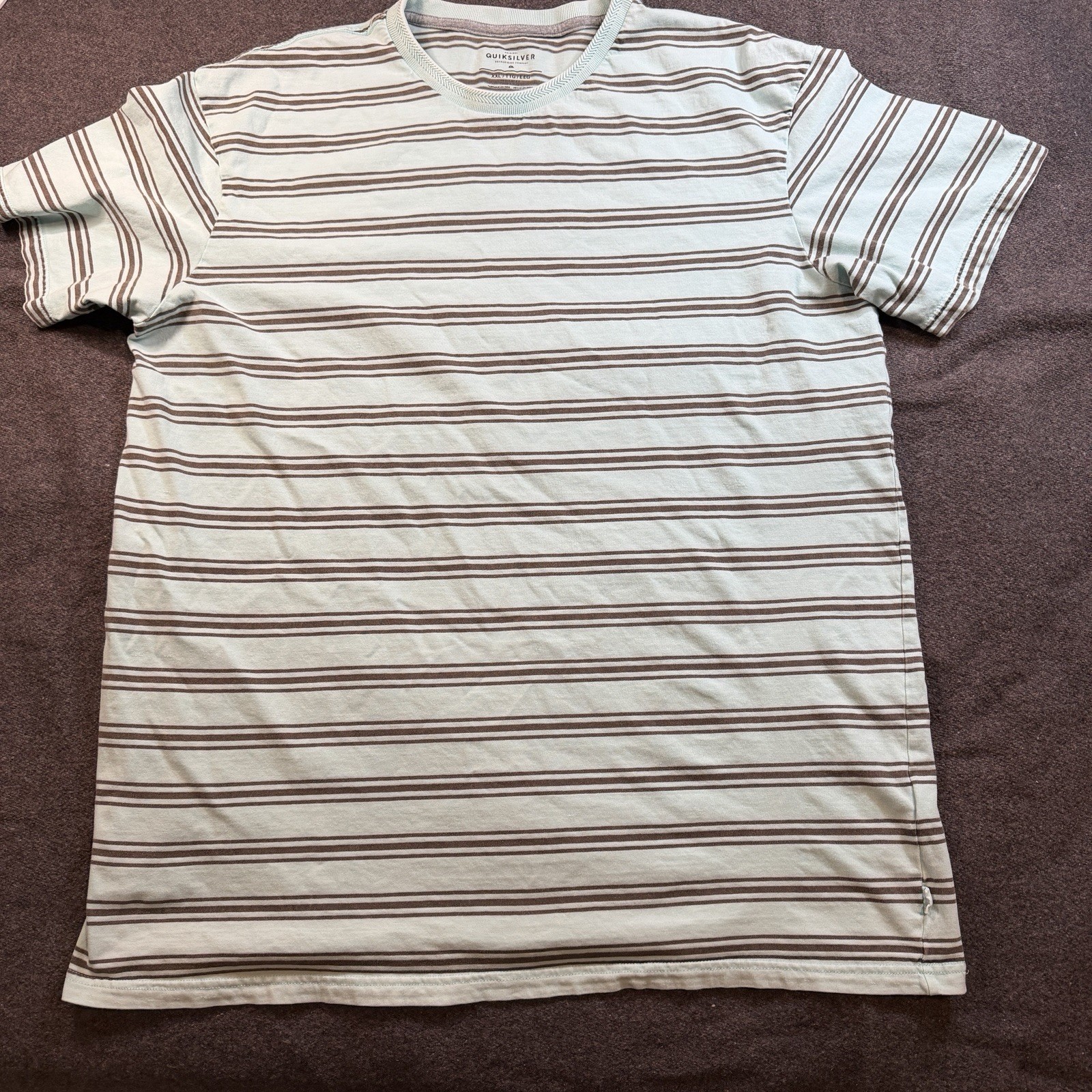 Quiksilver Men’s 2XL Light Blue/Brown Striped Crew Neck Cotton Knit Logo Tee