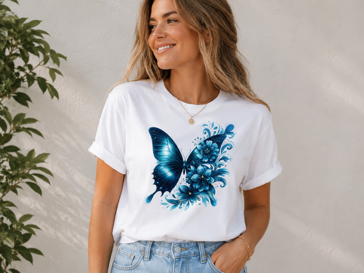 Blue Butterfly Floral Graphic T-Shirt Nature Lover Gift Women Boho Tee