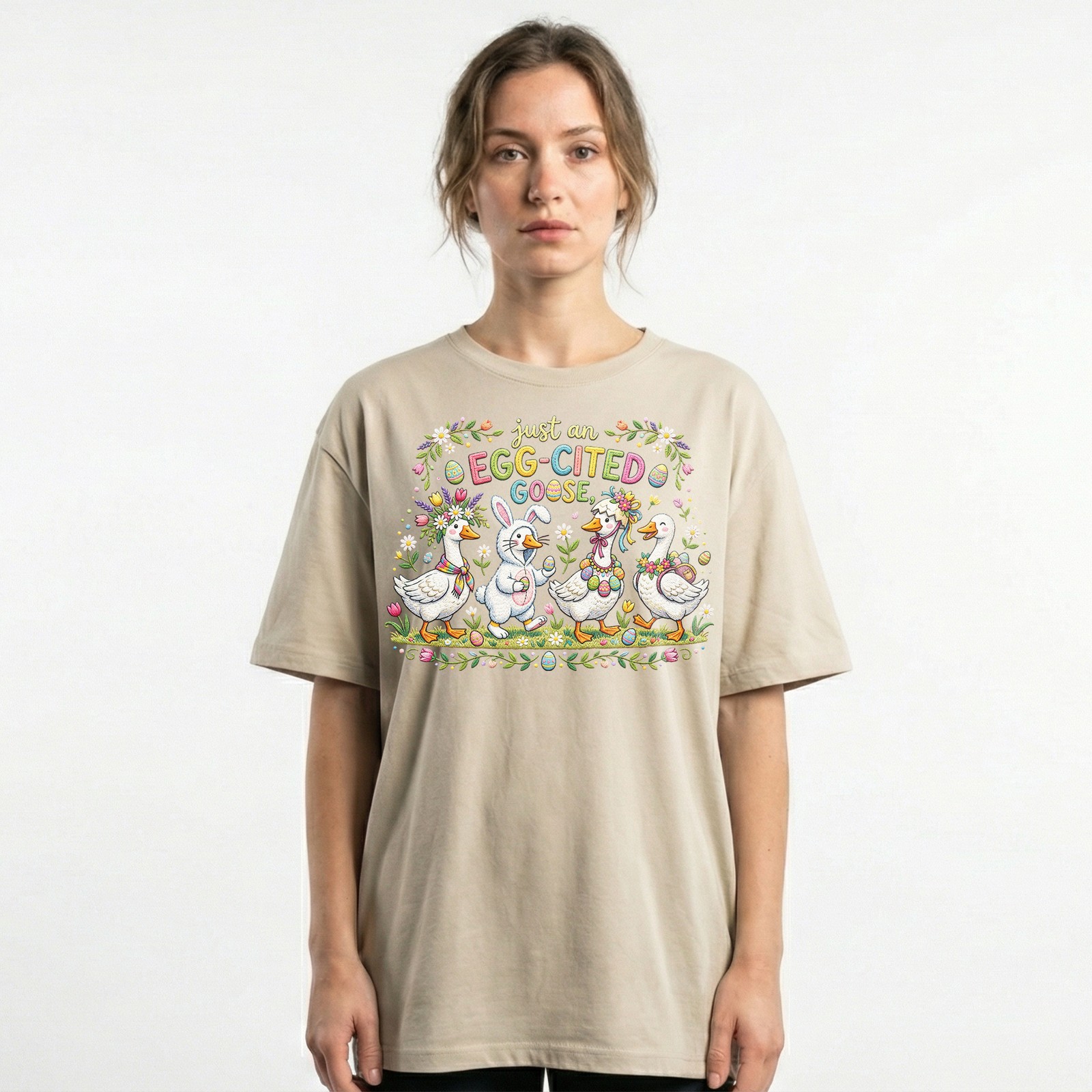 Egg Cited Goose Easter Duck Floral T-Shirt Spring Holiday Cute Animal Tee