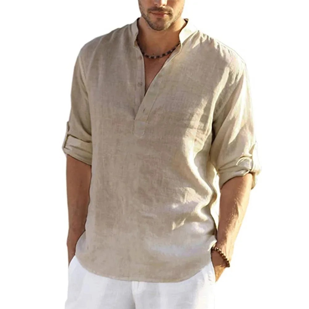 Men’s Cotton Linen Henley Long Sleeve Shirt Casual Beach T-shirt Tee Summer Gift