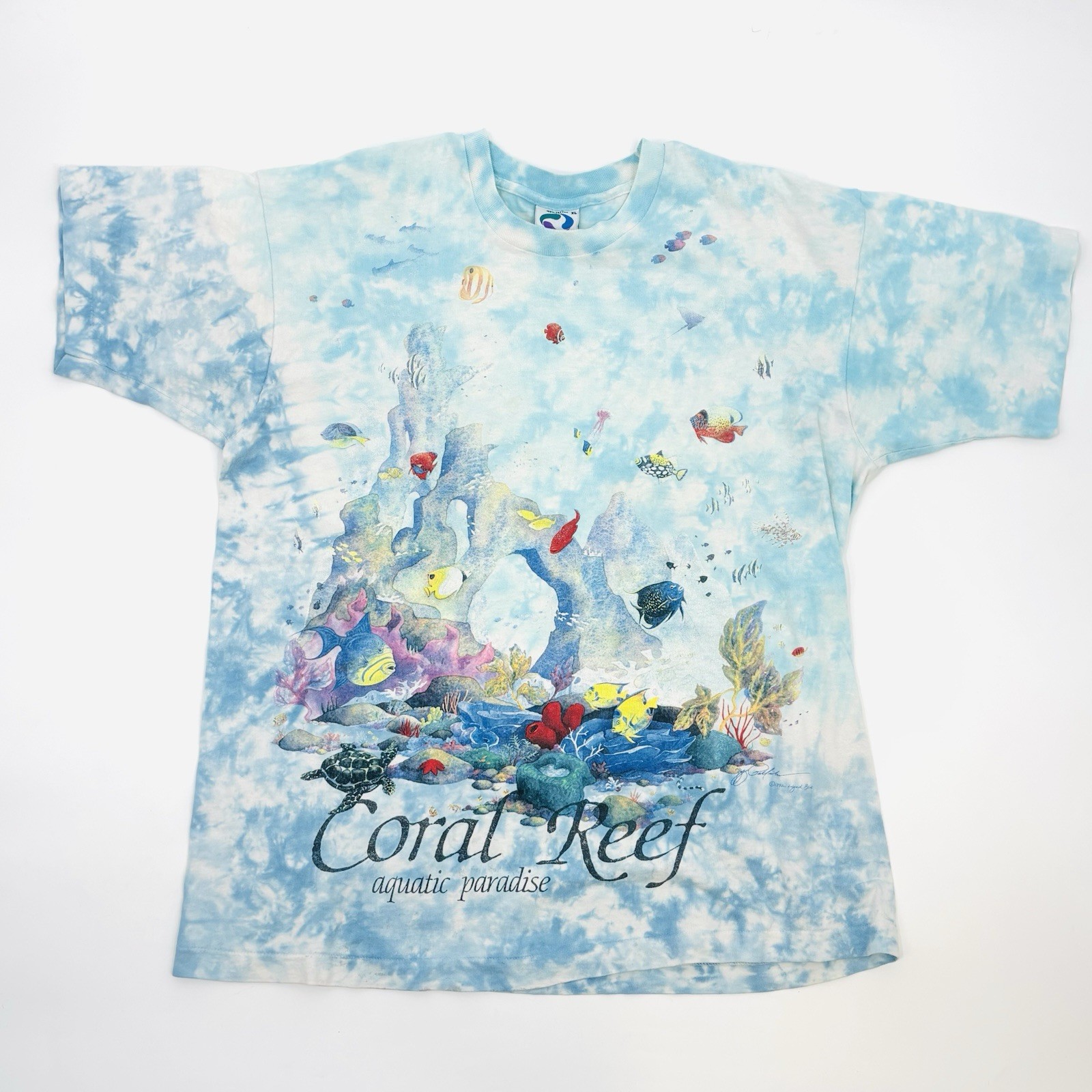 Vintage 90s Liquid Blue T Shirt Coral Reef AOP 1992 Ocean Aquatic Paradise VTG