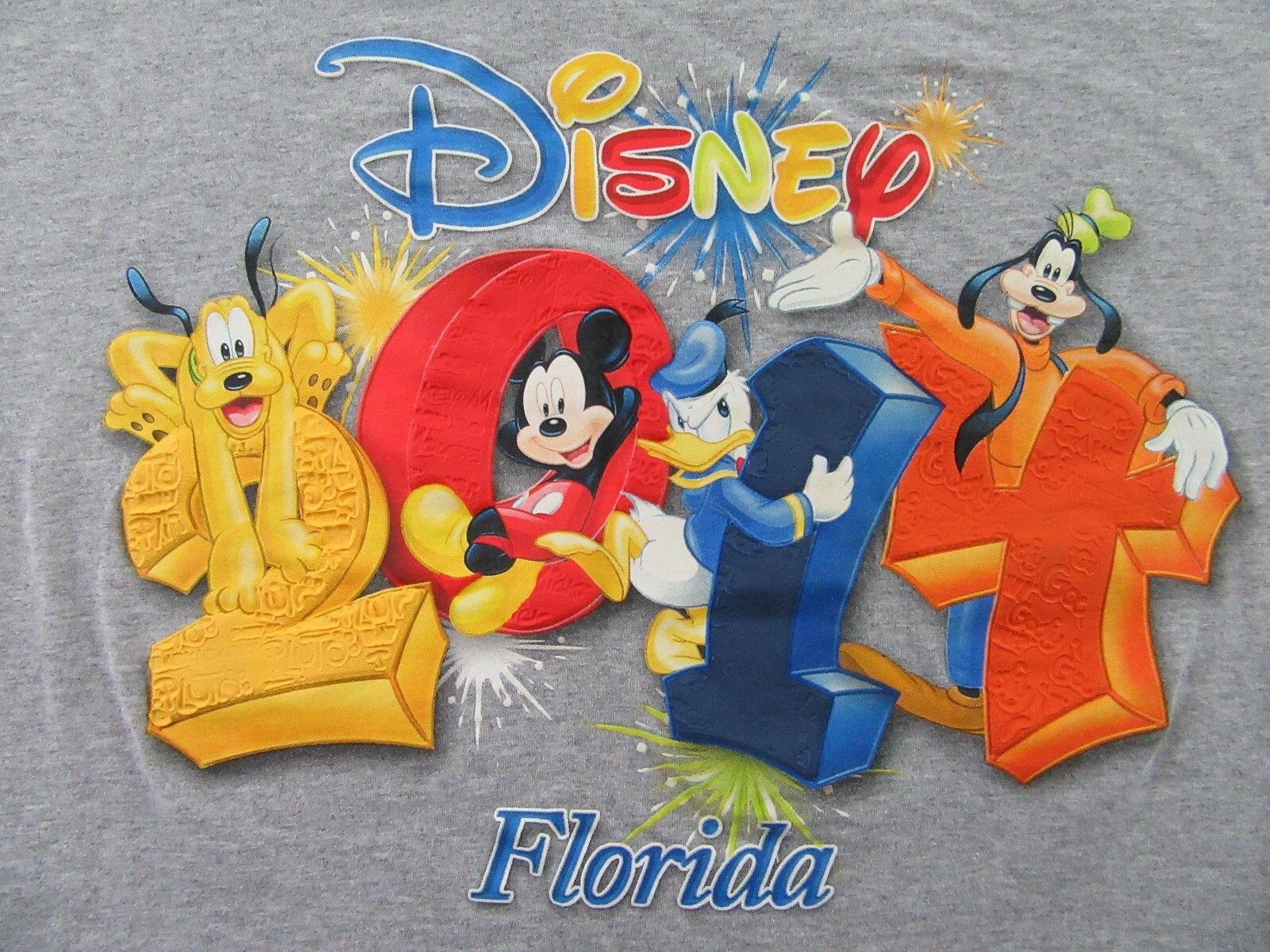 DISNEY FLORIDA 2014 3D Logo Pluto Mickey Mouse Donald Duck Goofy T Shirt Sz L