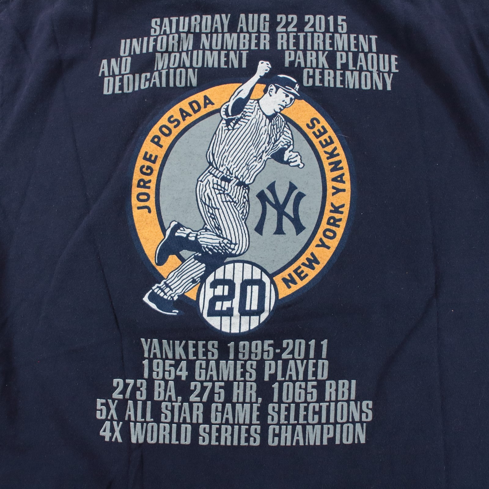 New York Yankees Jorge Posada Day 2015 uniform number retirement t-shirt MEDIUM