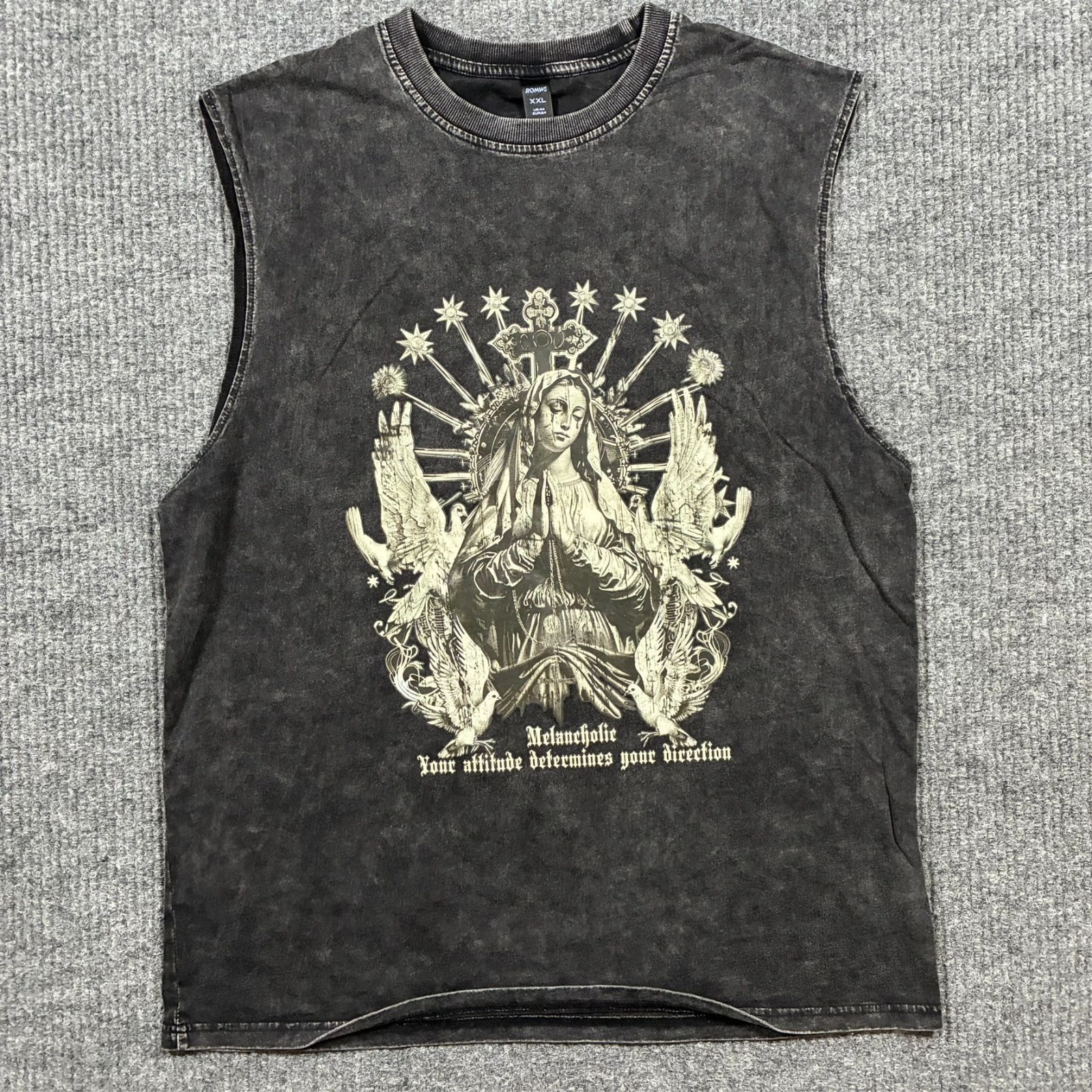 ROMWE Mens Tank Top 2XL Gothic Cross & Virgin Mary Print Acid Wash Graphic