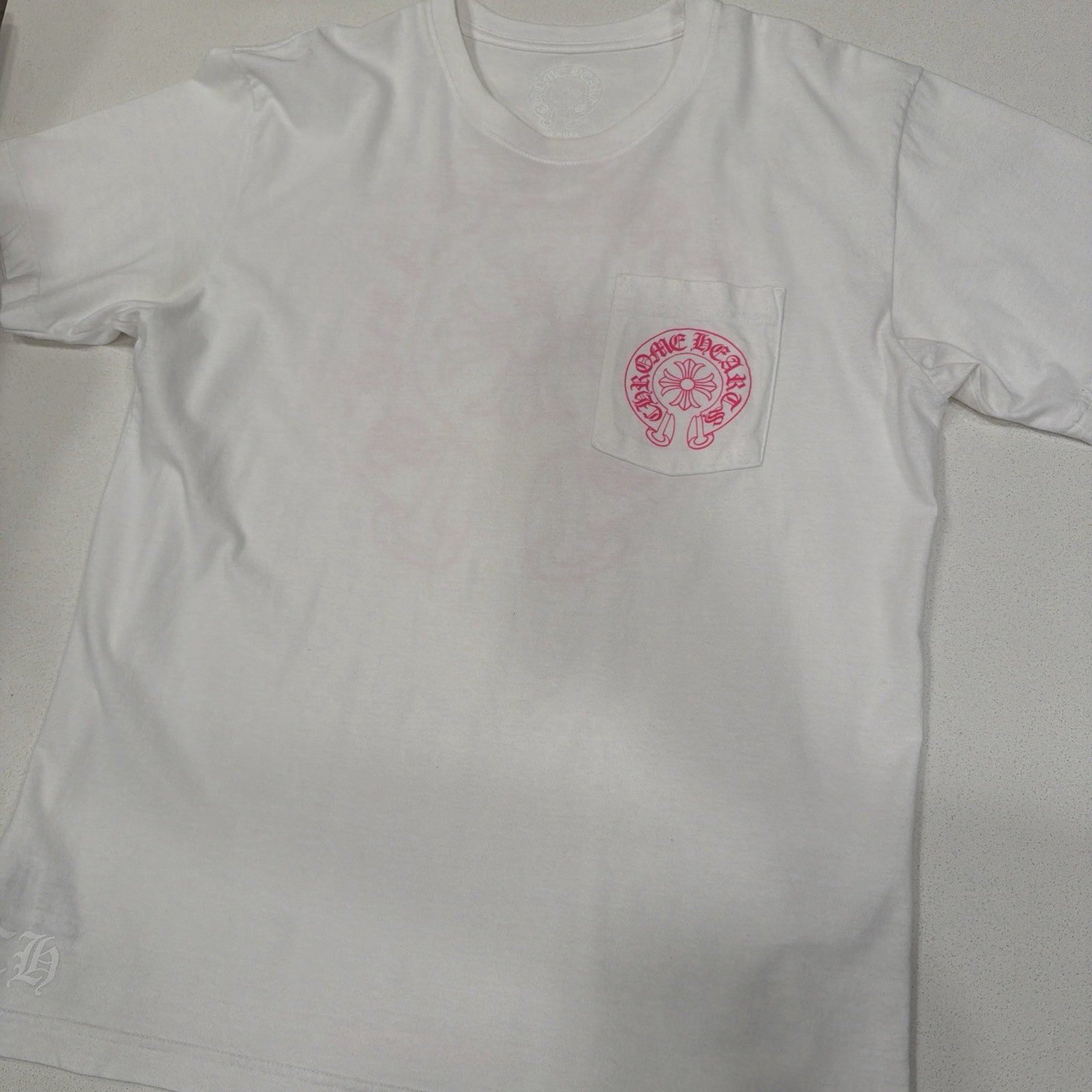 Chrome Hearts Horseshoe Plus Logo Pocket Short Sleeve Tee Shirt White Pink Large