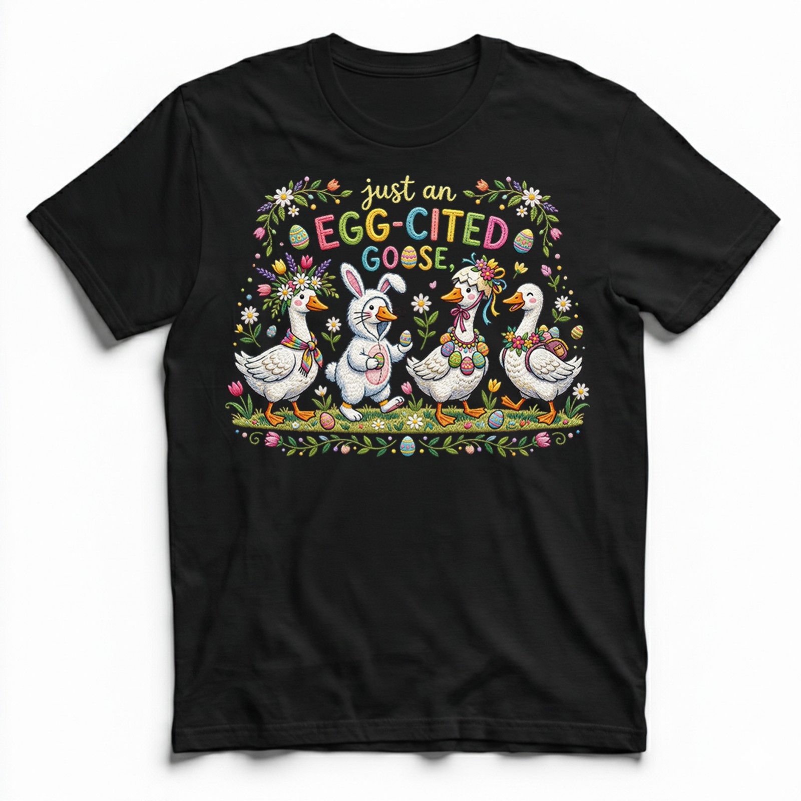Egg Cited Goose Easter Duck Floral T-Shirt Spring Holiday Cute Animal Tee
