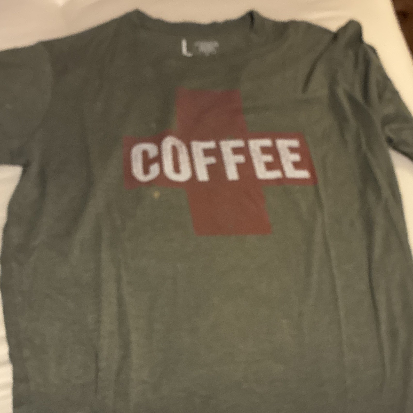 Men’s Green Coffee Graphic Print Crew Neck Short Sleeve Cotton Knit Tee L