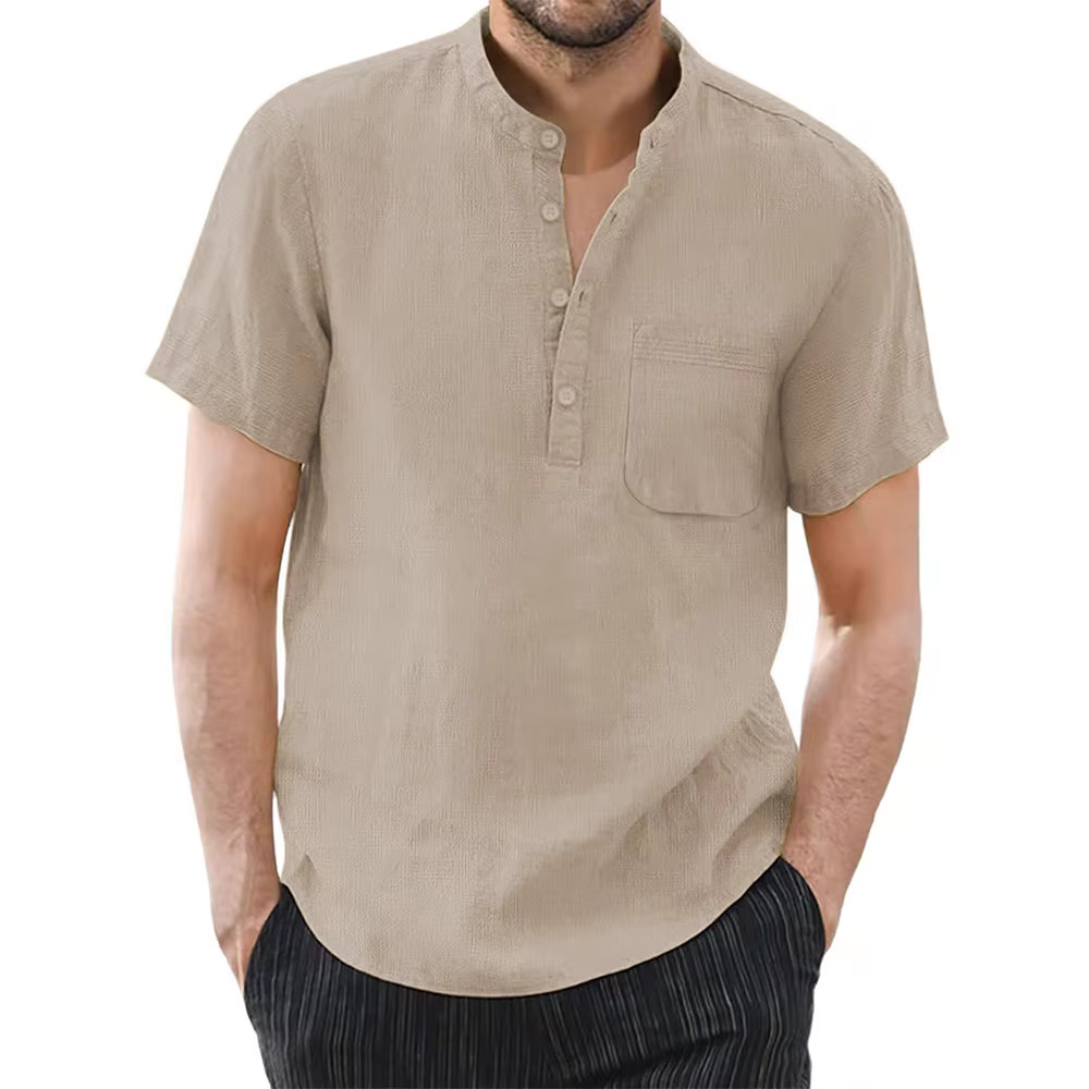 Men’s Cotton Linen Short Sleeve Casual Shirt Breathable Summer T-shirt Tee Gift