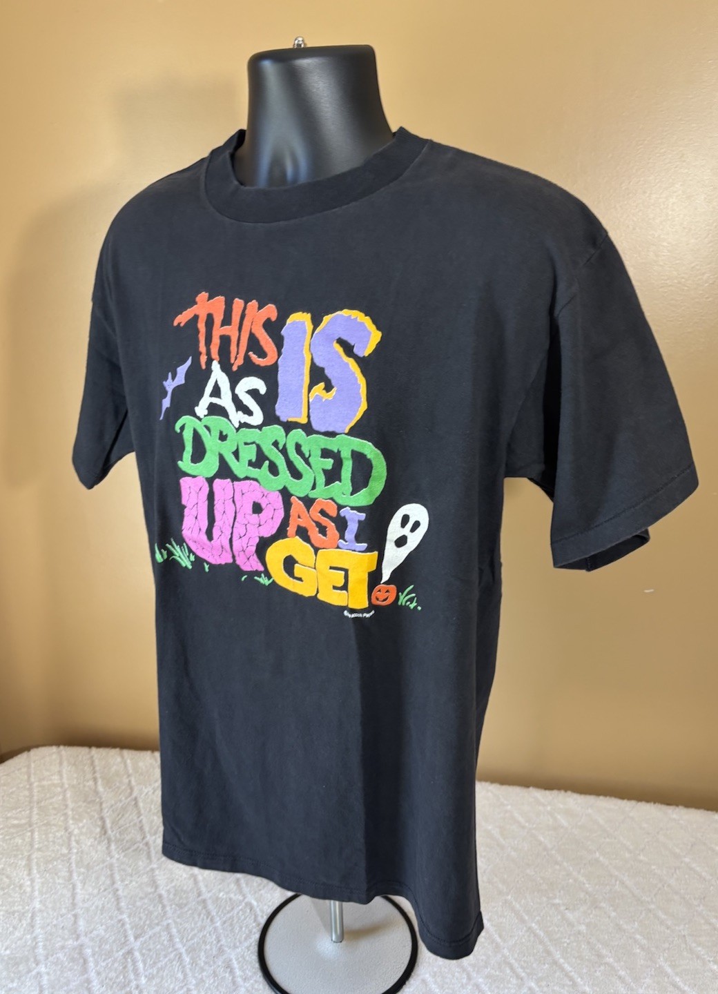 Vintage 90s Halloween Ghost USA Made Single Stitch Black Tee Men Size L Peacock