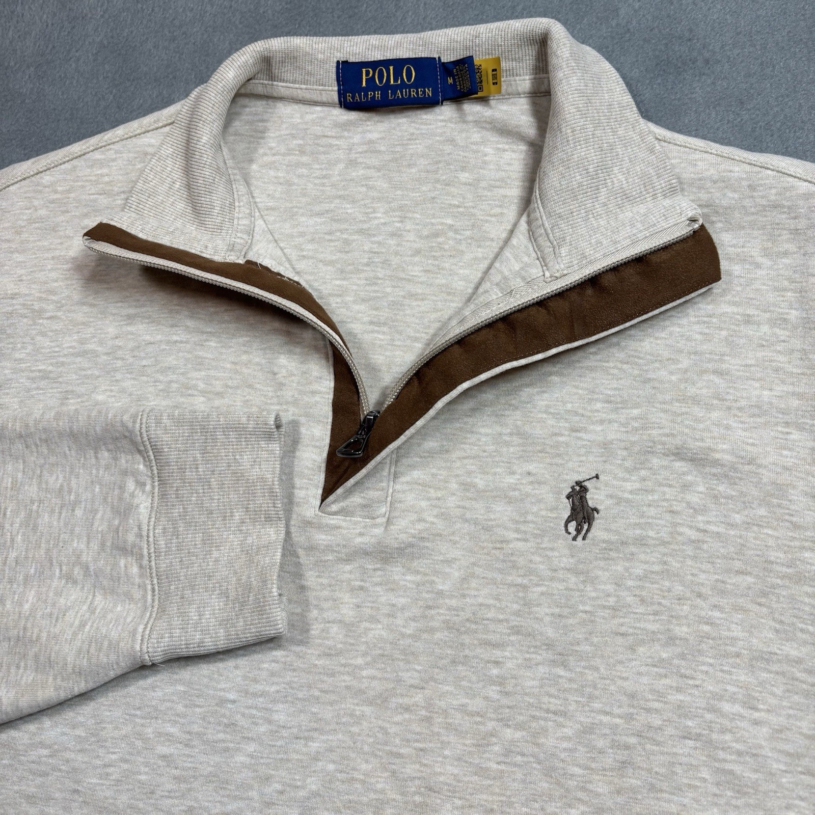 Polo Ralph Lauren 1/4 Zip Sweater LSHZM16 Mens M Beige Brown Zipper Preppy Pony