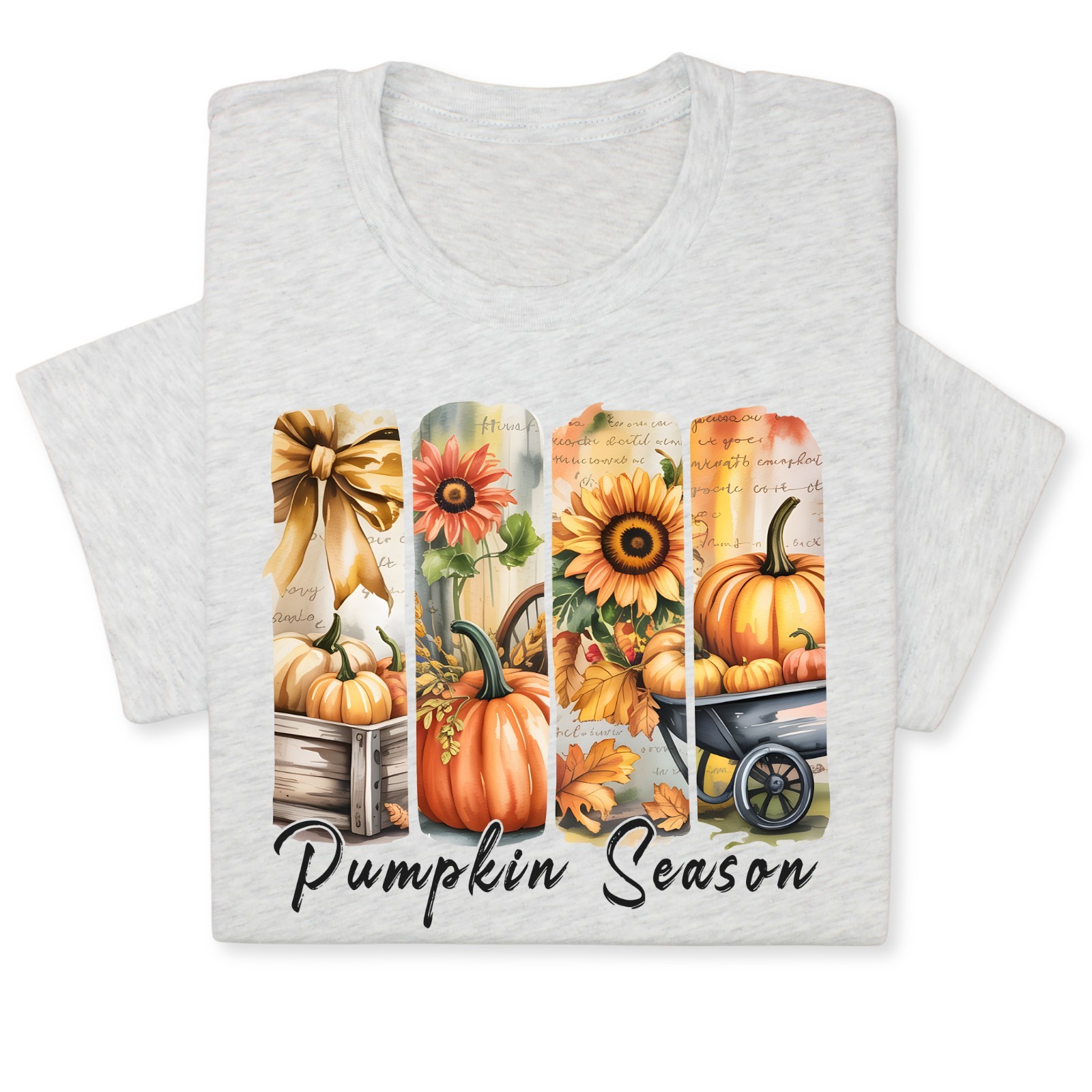 Pumpkin Season Print Shirt, Fall Tee with Sunflowers & Cart