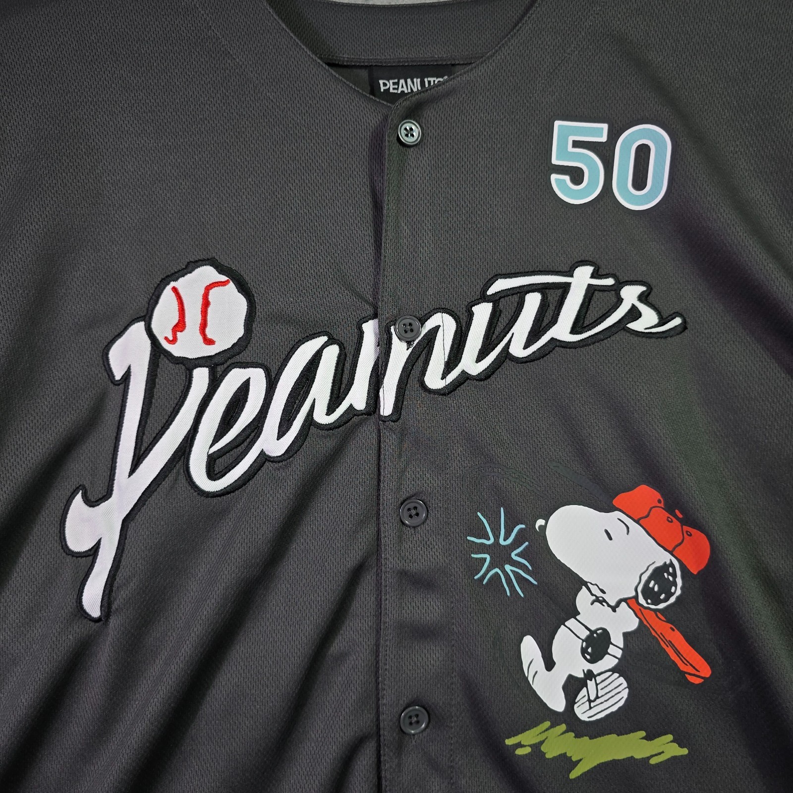 Peanuts® Snoopy Baseball Jersey shirt Mens Large Black Charlie Brown Button NWT