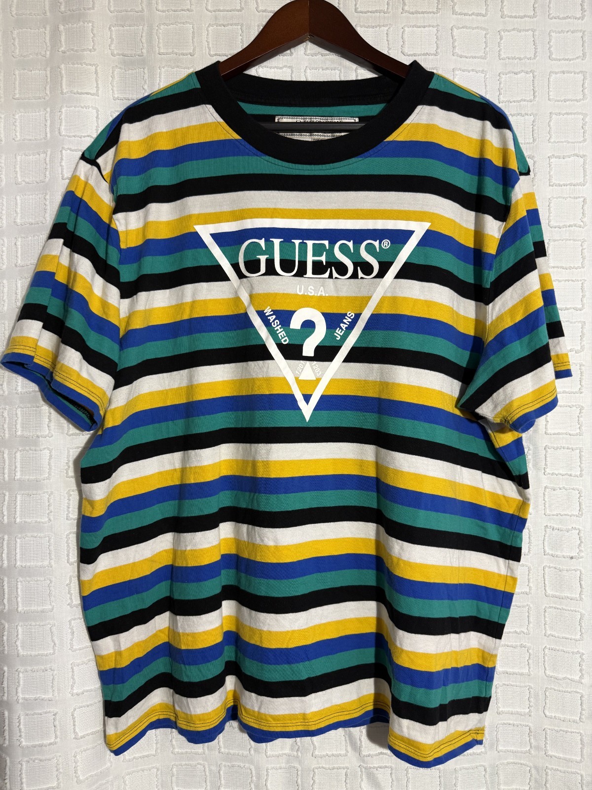 Vintage Guess Multi Colored Stripe Tee Shirt Men’s XL
