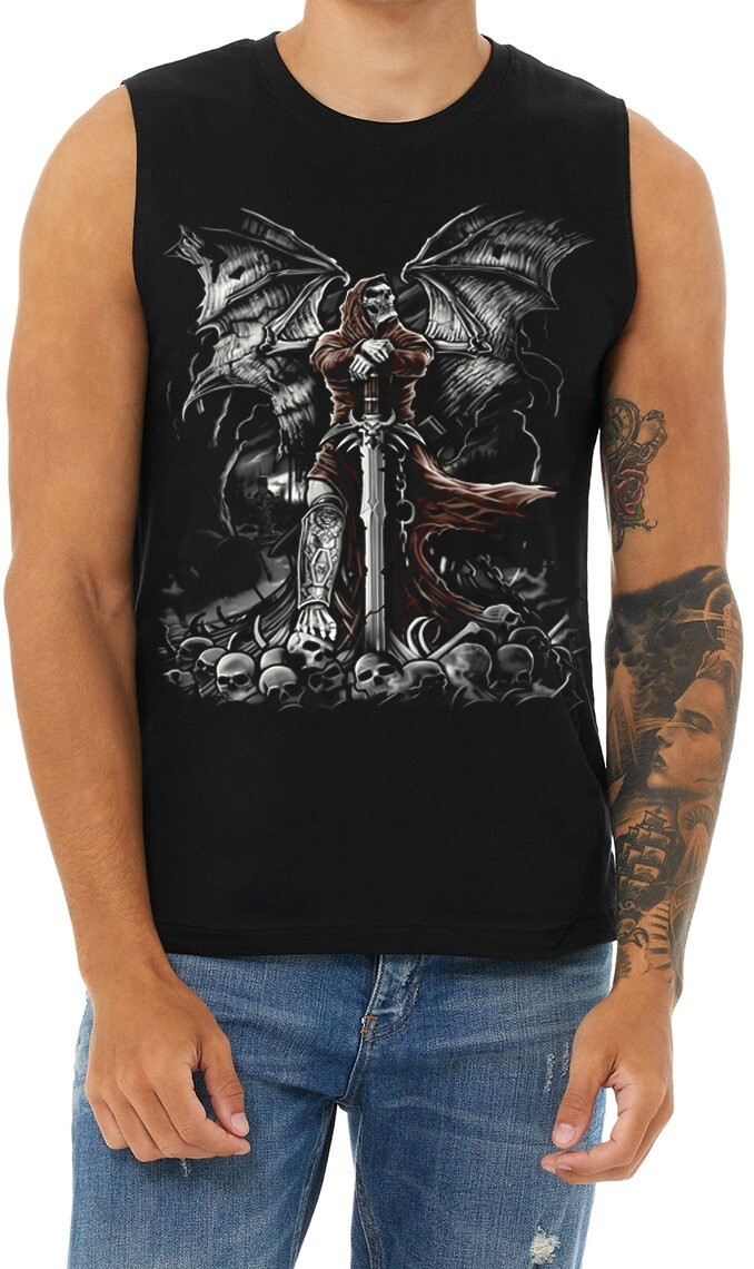 Skull T shirt Cut Off Shirts Sleeveless Muscle Tee Grim Reaper Graveyard