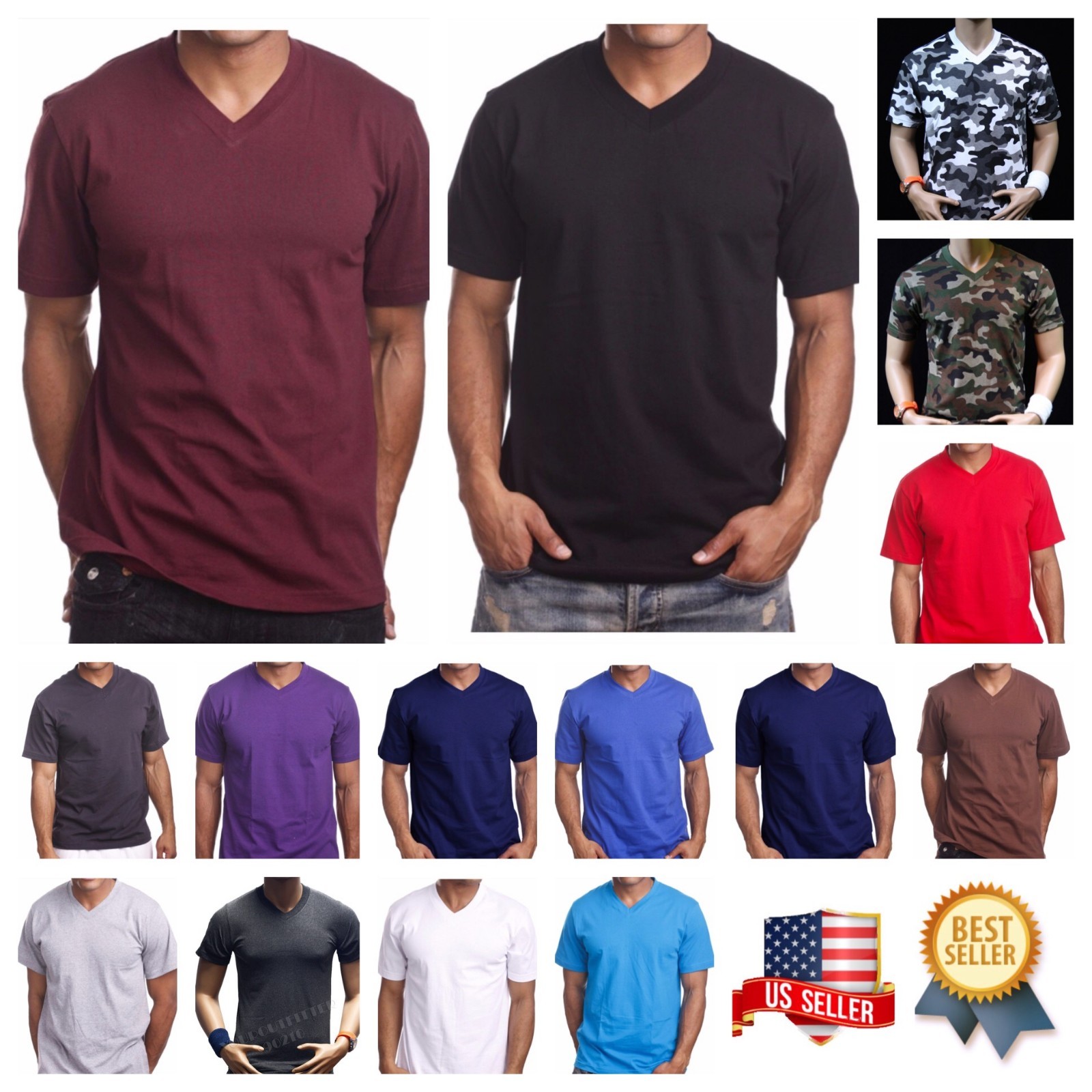 Men S-5XL T-Shirt HEAVY Weight V-NECK Camo Plain Solid Cotton Big Size Tee
