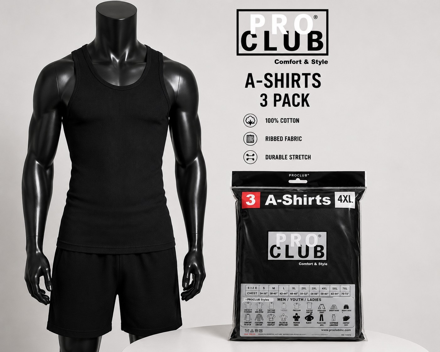 3 PACK PRO CLUB MENS A-SHIRT SIZES (S- 5XL) RIBBED TANK TOP WHITE/BLACK