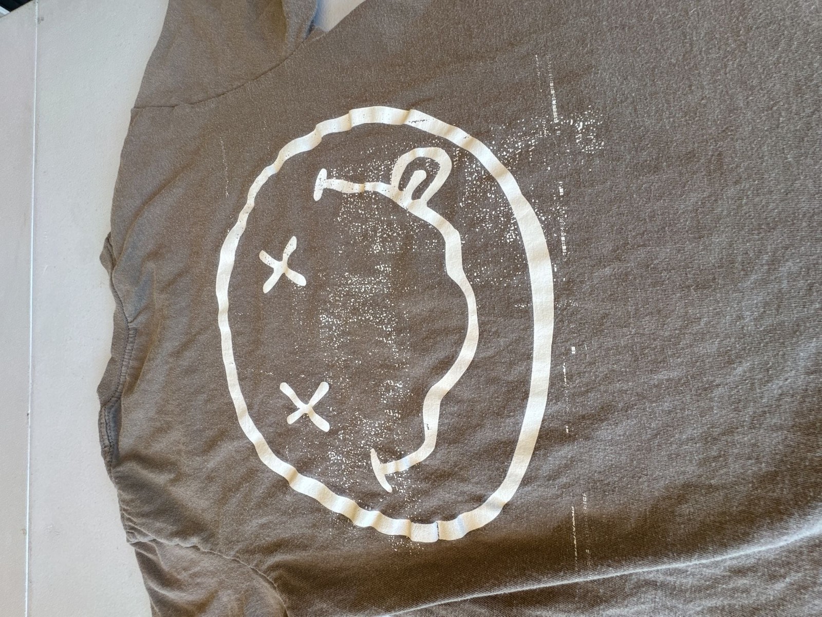 Nirvana Brown Two-Sided Graphic T-Shirt Stencil Logo Smiley Face. Reprint with a