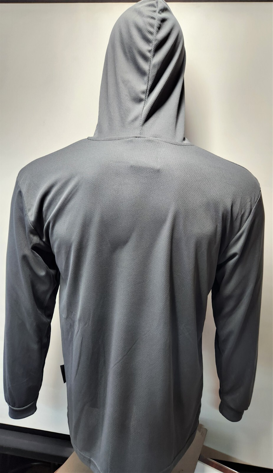 Gray Long Sleeve Shirt With Hoodie, Polyester birdeye mesh fabric