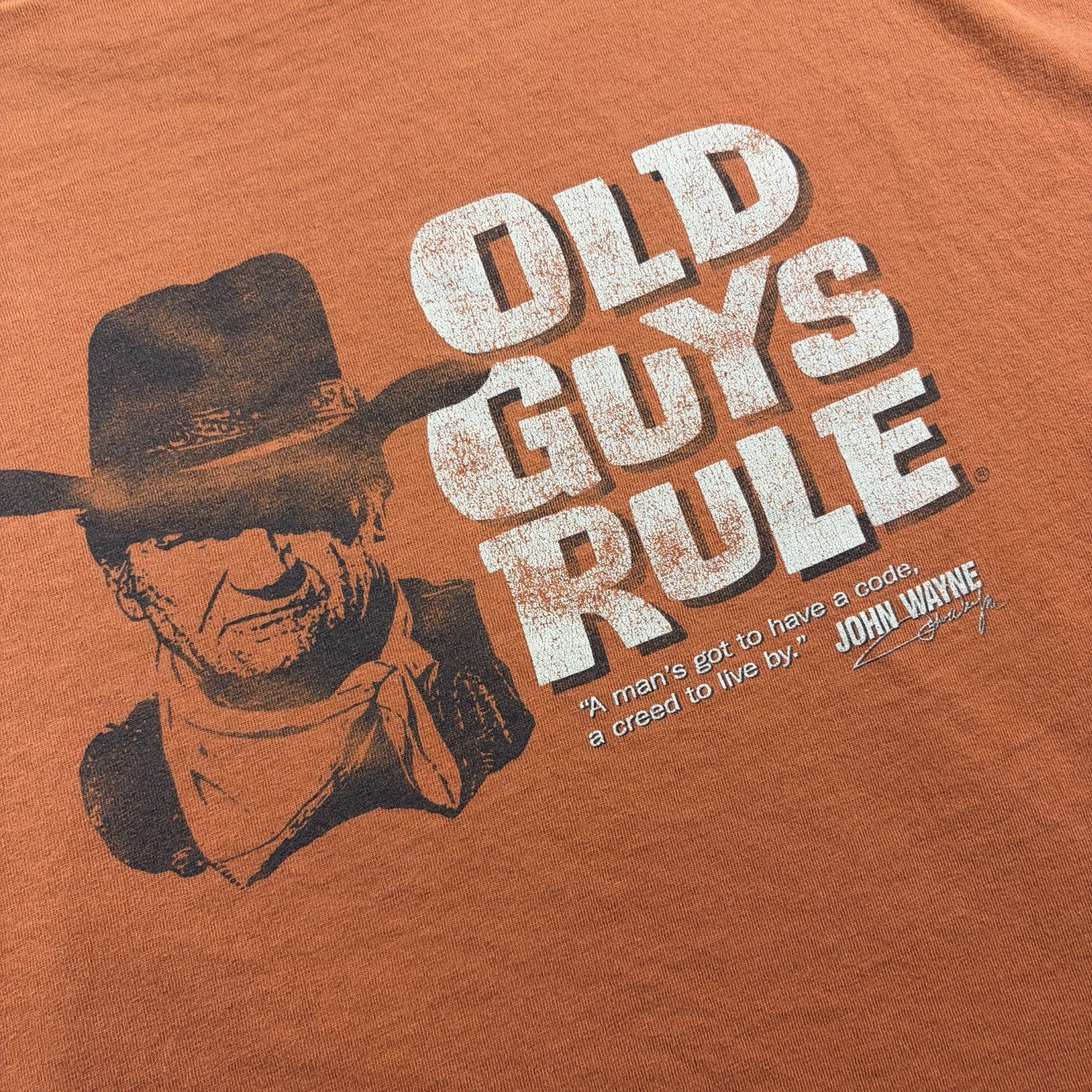 VINTAGE Old Guys Rule Shirt Mens XL Orange Double Sided John Wayne