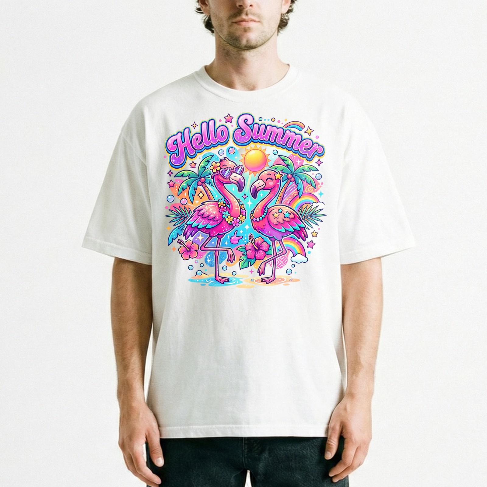 Hello Summer Tropical Flamingo T-Shirt Retro Neon Beach Vacation Holiday Tee