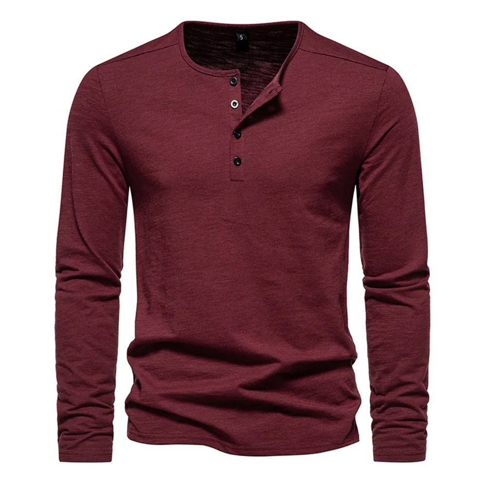 Men’s Shirt Cotton Henley Neck T-Shirts Long Sleeve Casual Button Plain 25% OFF