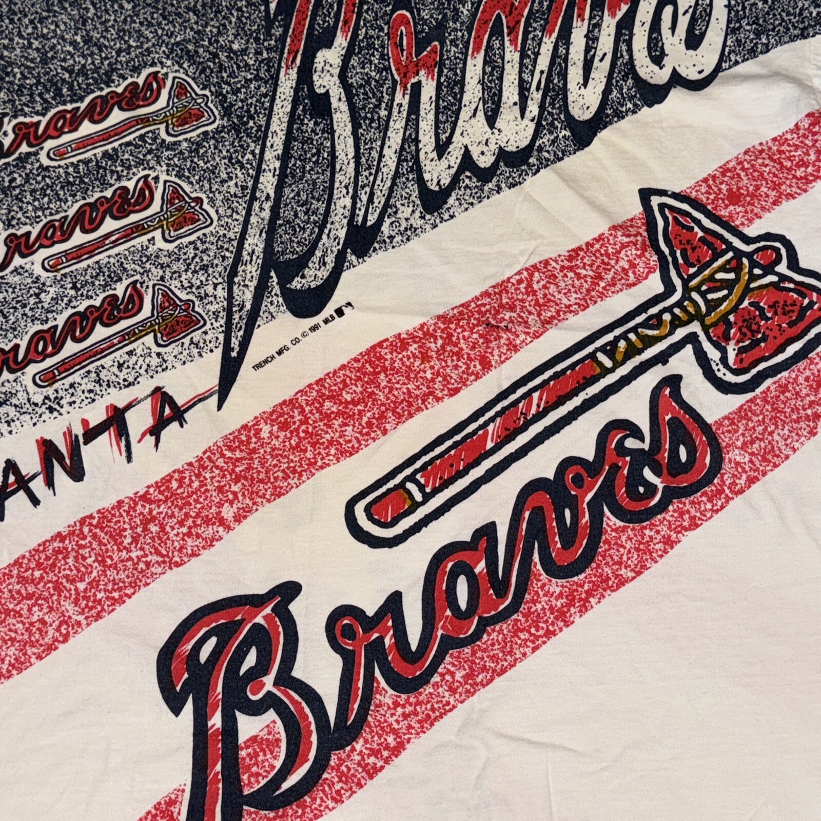 Vintage ATLANTA BRAVES All Over Print Shirt Adult Large MLB 1991 White Red Blue