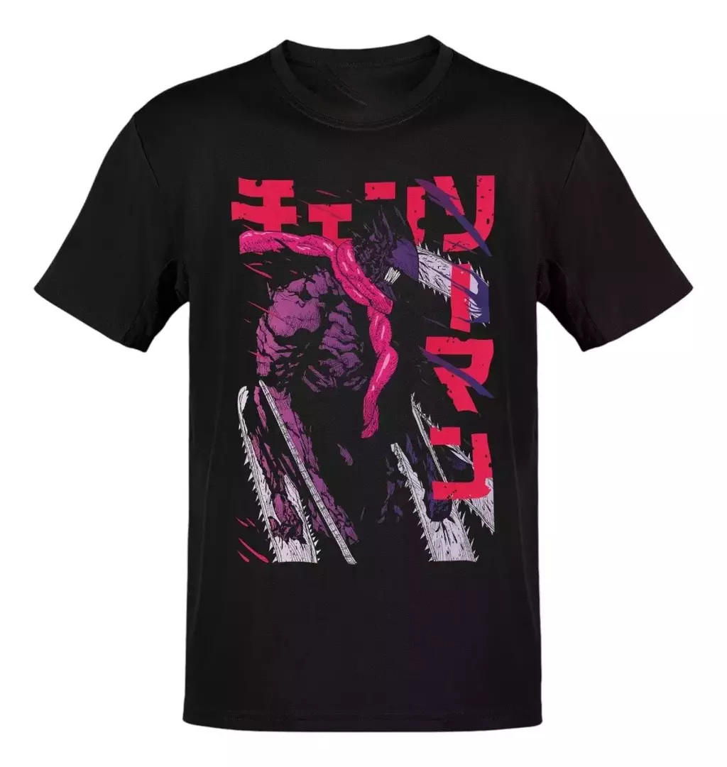 Anime Chainsaw Man Pochita Demonio Letras Rosas T-Shirt Size S-5XL