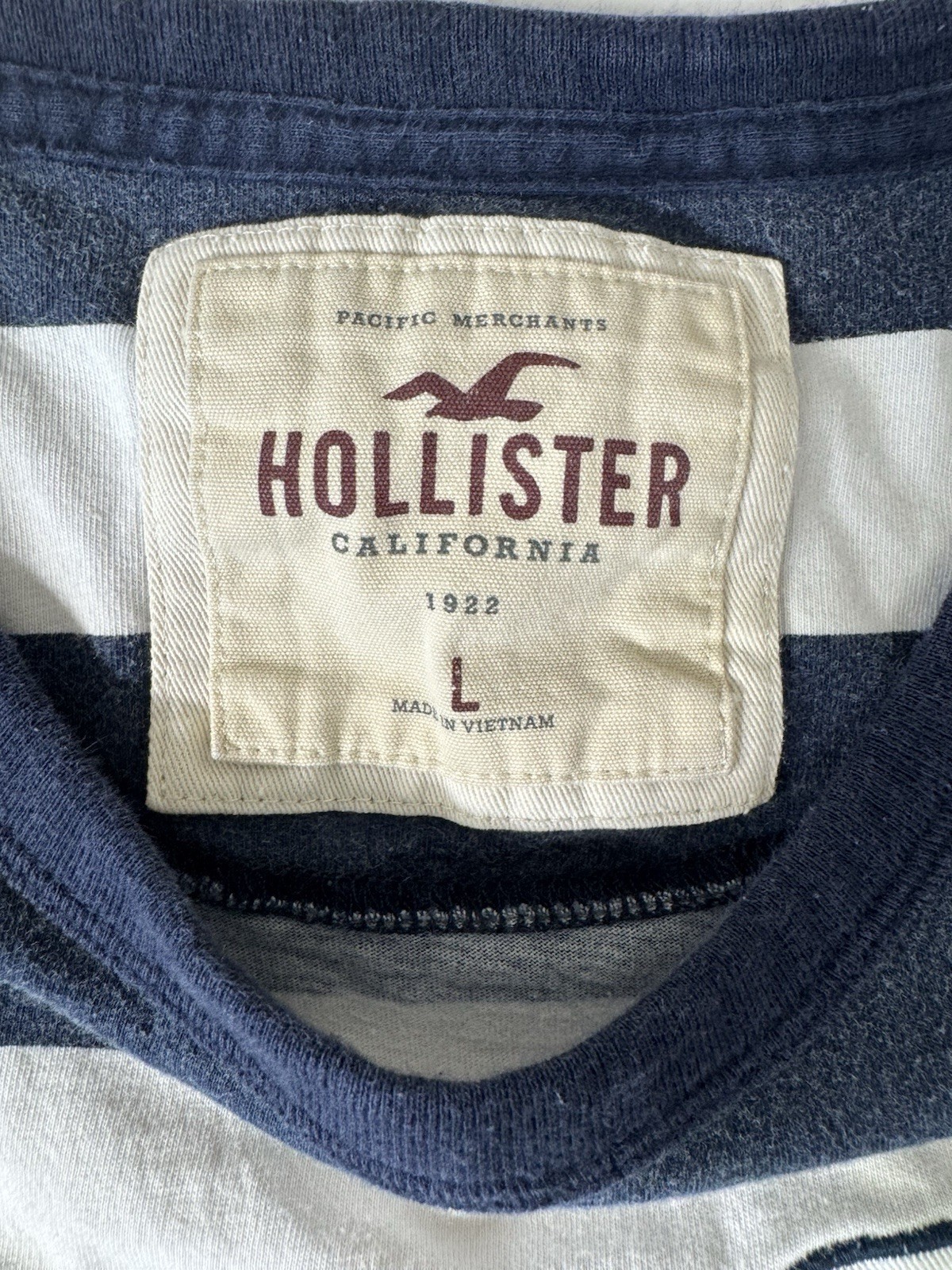 Hollister Men’s Navy Blue & White Striped Large T-Shirt Must Have Collection Y2K
