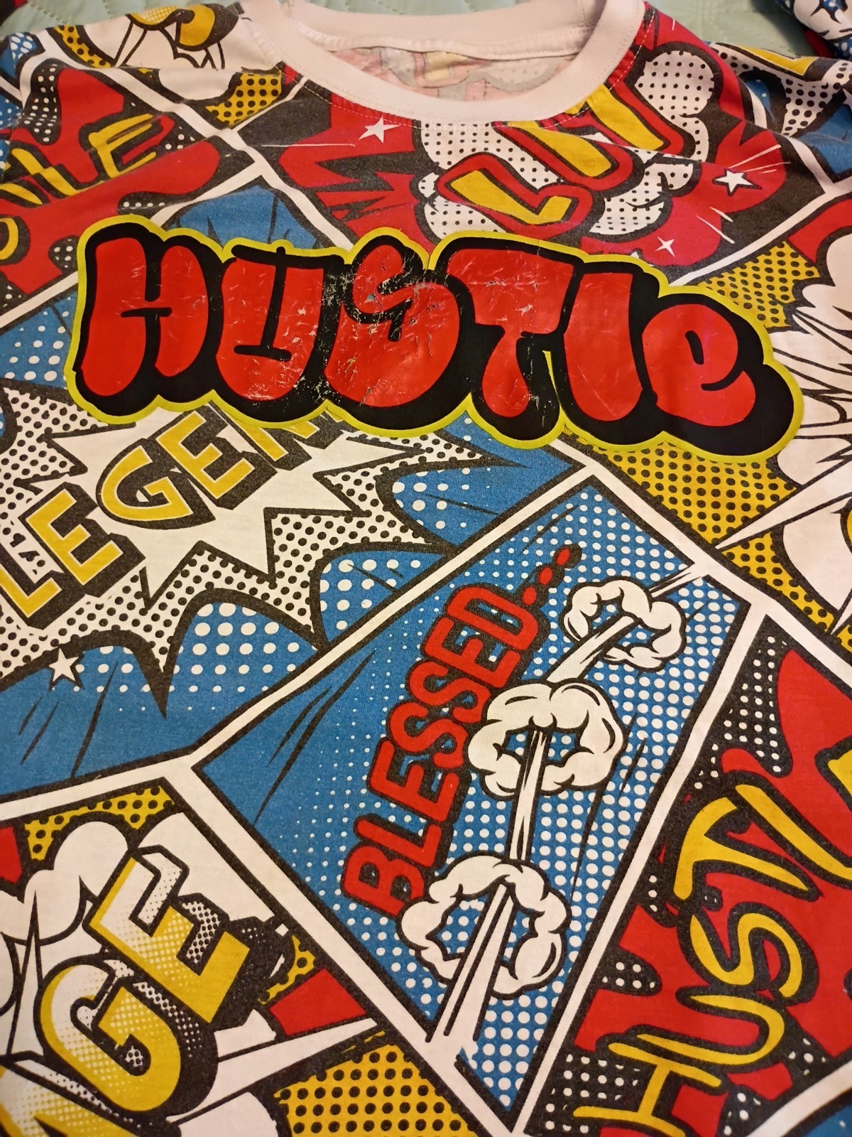Men’s Y2K Launder Hustle Legend Savage AOP Comic Pop Art Graphic T-Shirt S/M
