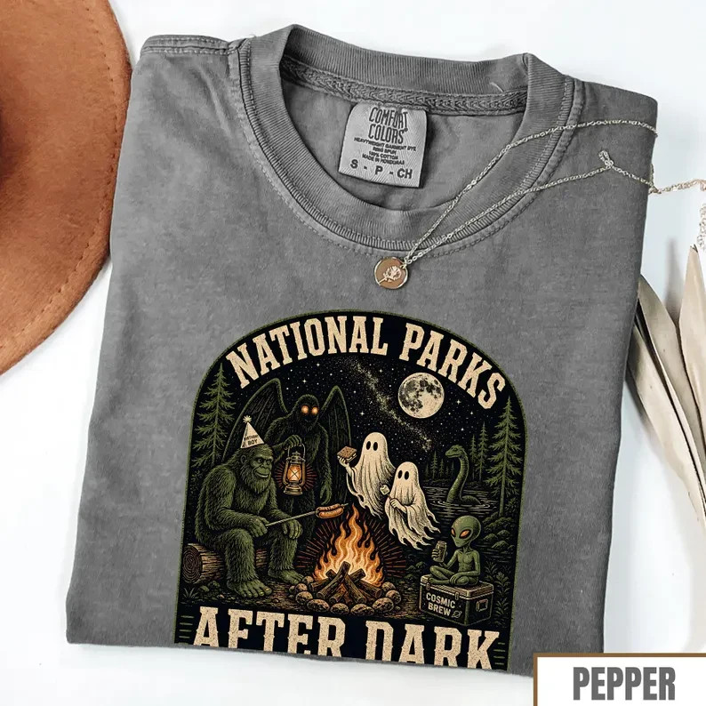 Cryptid Camping After Dark Shirt Bigfoot Ghost Alien Halloween Tee Gildan Unisex