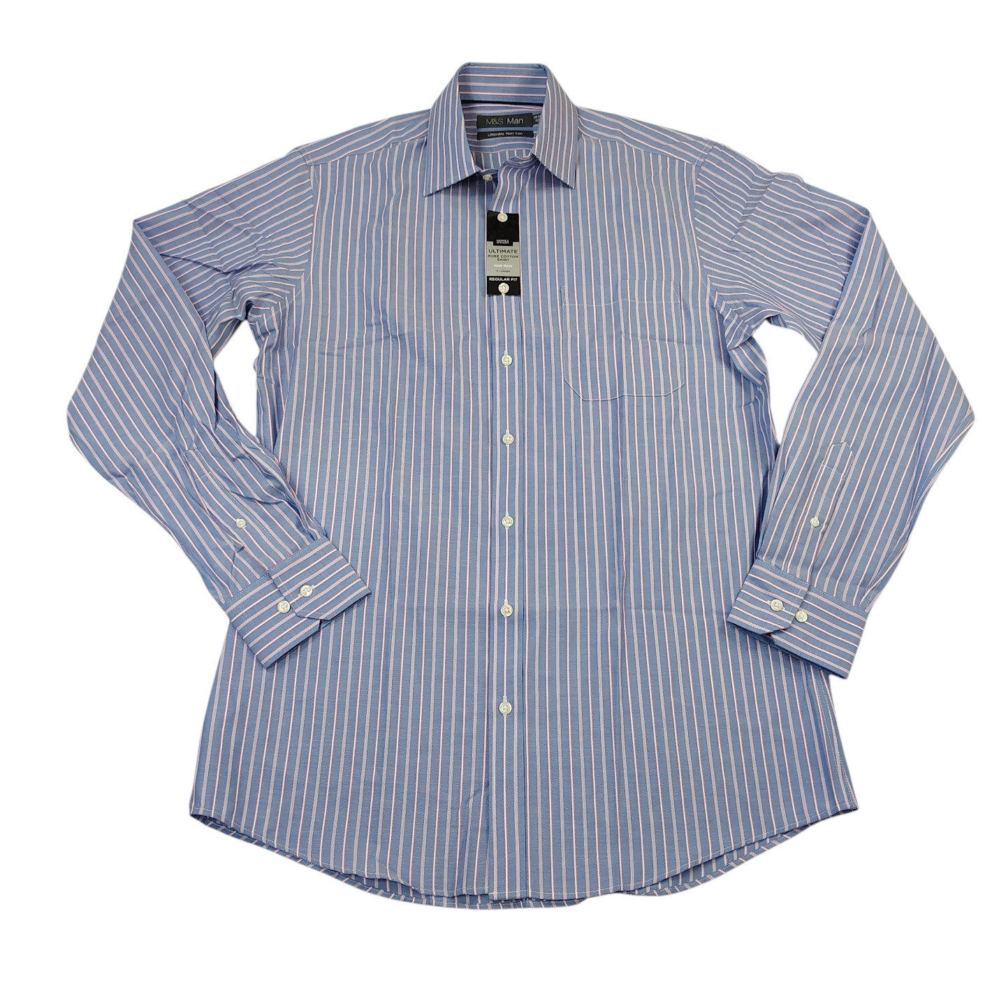 Marks & Spencer Men Dress Shirt M&S – 39-40, 15.5 – Blue Pink Striped Non-Iron