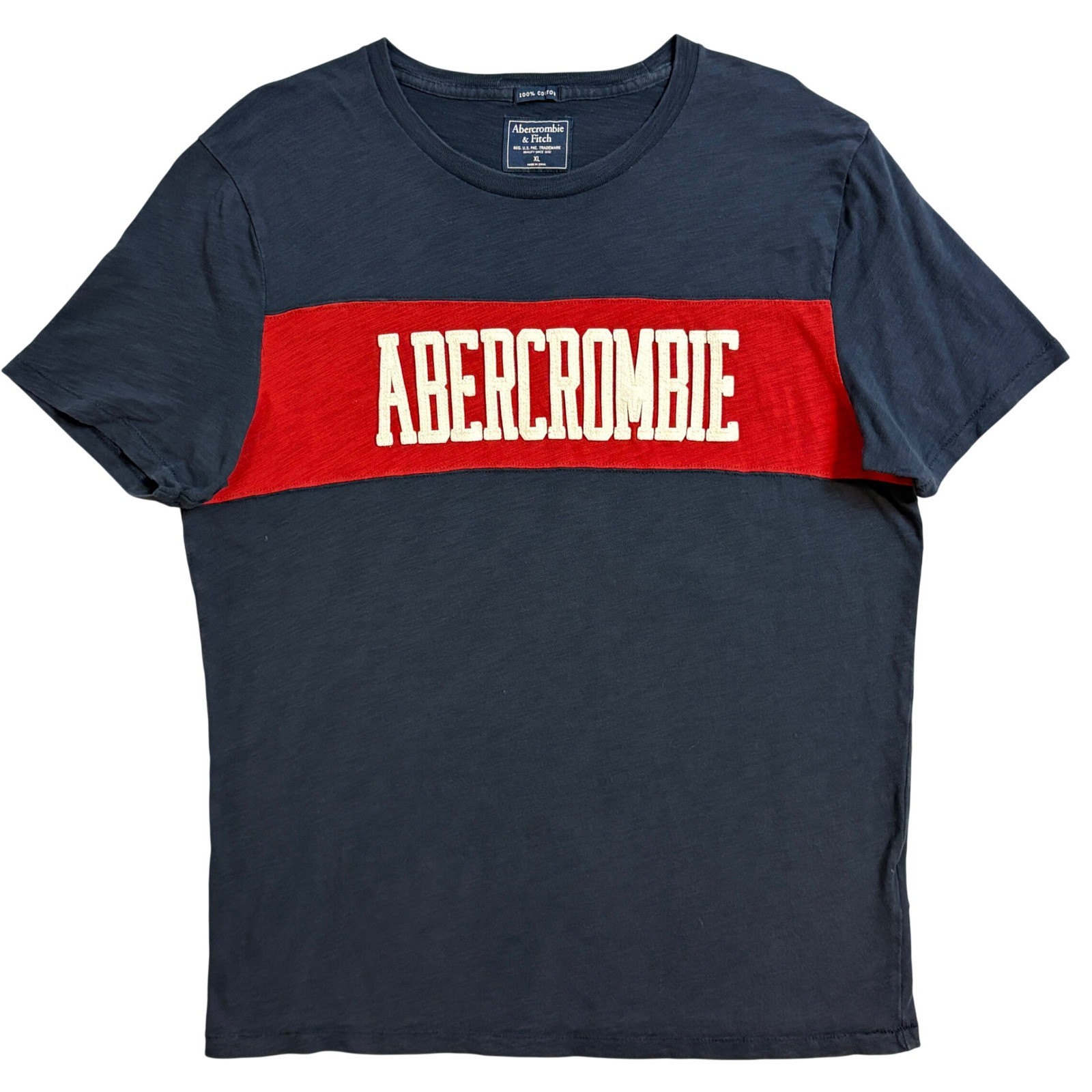 Vintage Abercrombie & Fitch Mens XL Navy Blue Red Stripe Logo T-Shirt Cotton