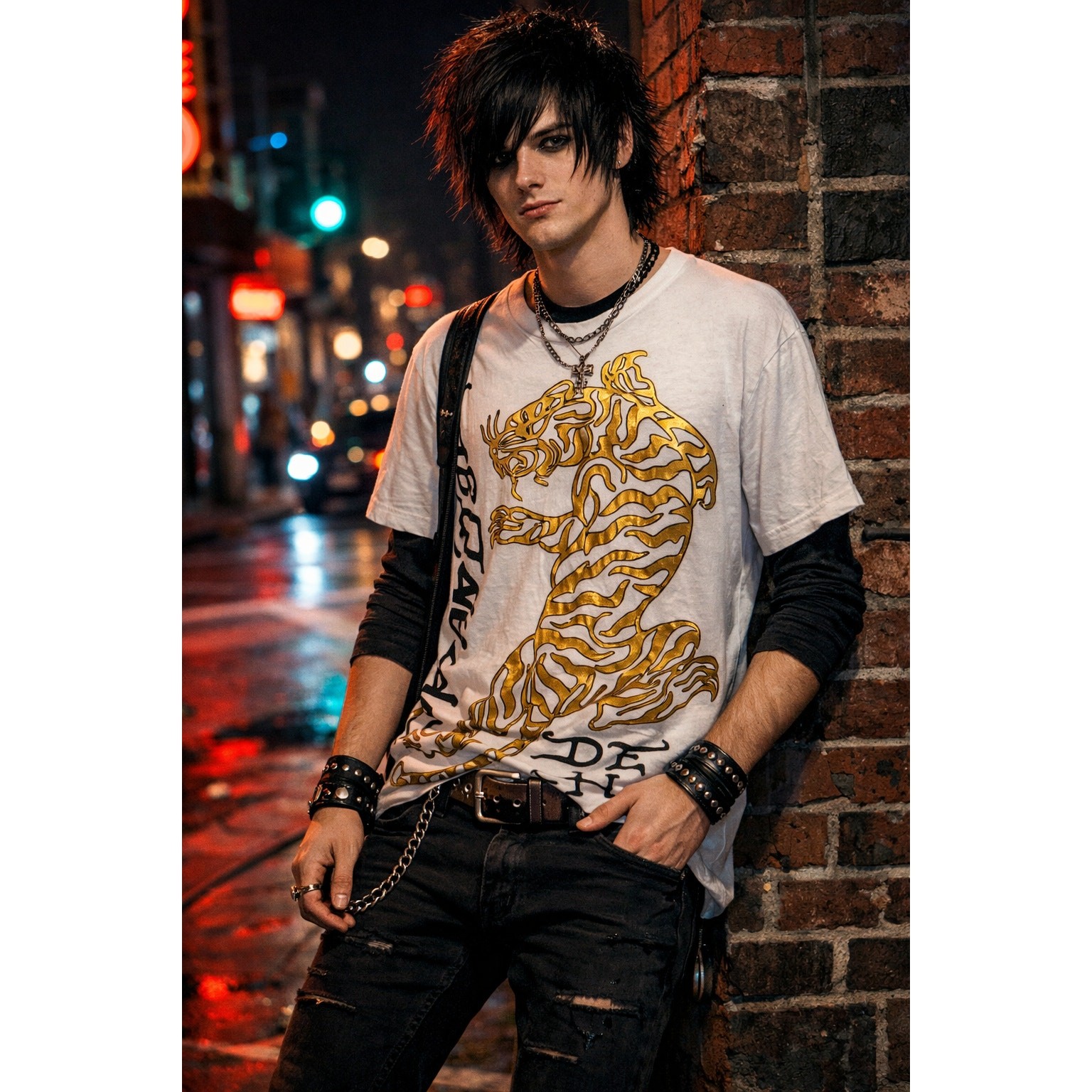 VTG Y2K Ed Hardy Gold Tiger Tee L Emo Streetwear Mcbling Graphic Alt 2000s