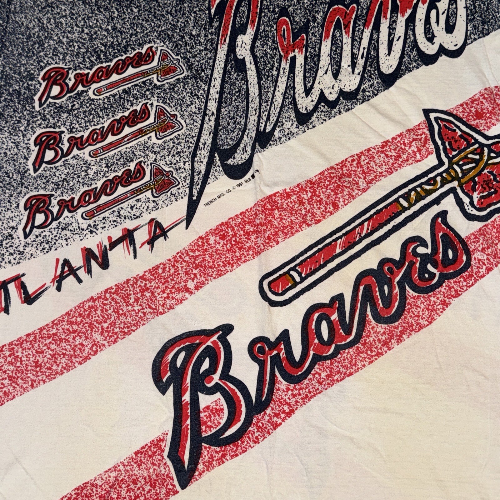 Vintage ATLANTA BRAVES All Over Print Shirt Adult Large MLB 1991 White Red Blue