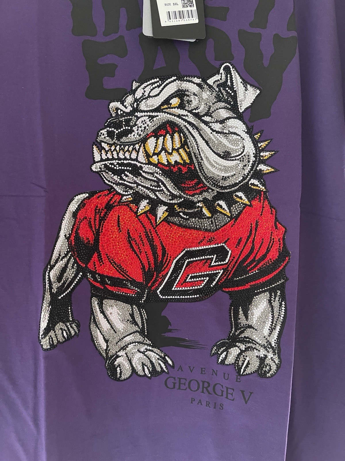 Avenue George V Paris T-Shirt Royal Bulldog Rhinestone Men’s Purple Fitted Tee