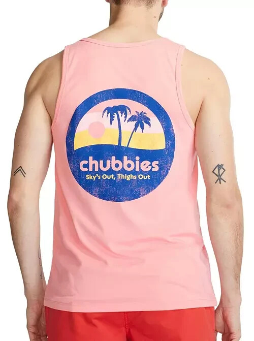 chubbies Men’s Graphic Tank Top Muscle Logo Tropical Beach Preppy Medium Coral