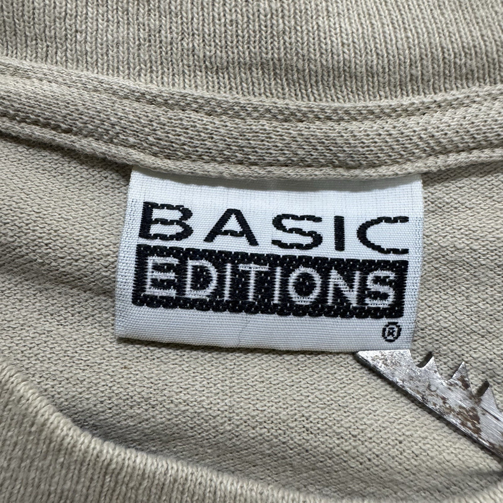 VTG Basic Editions T-Shirt Men’s Large Single Stitch Cotton Blank Beige Stained
