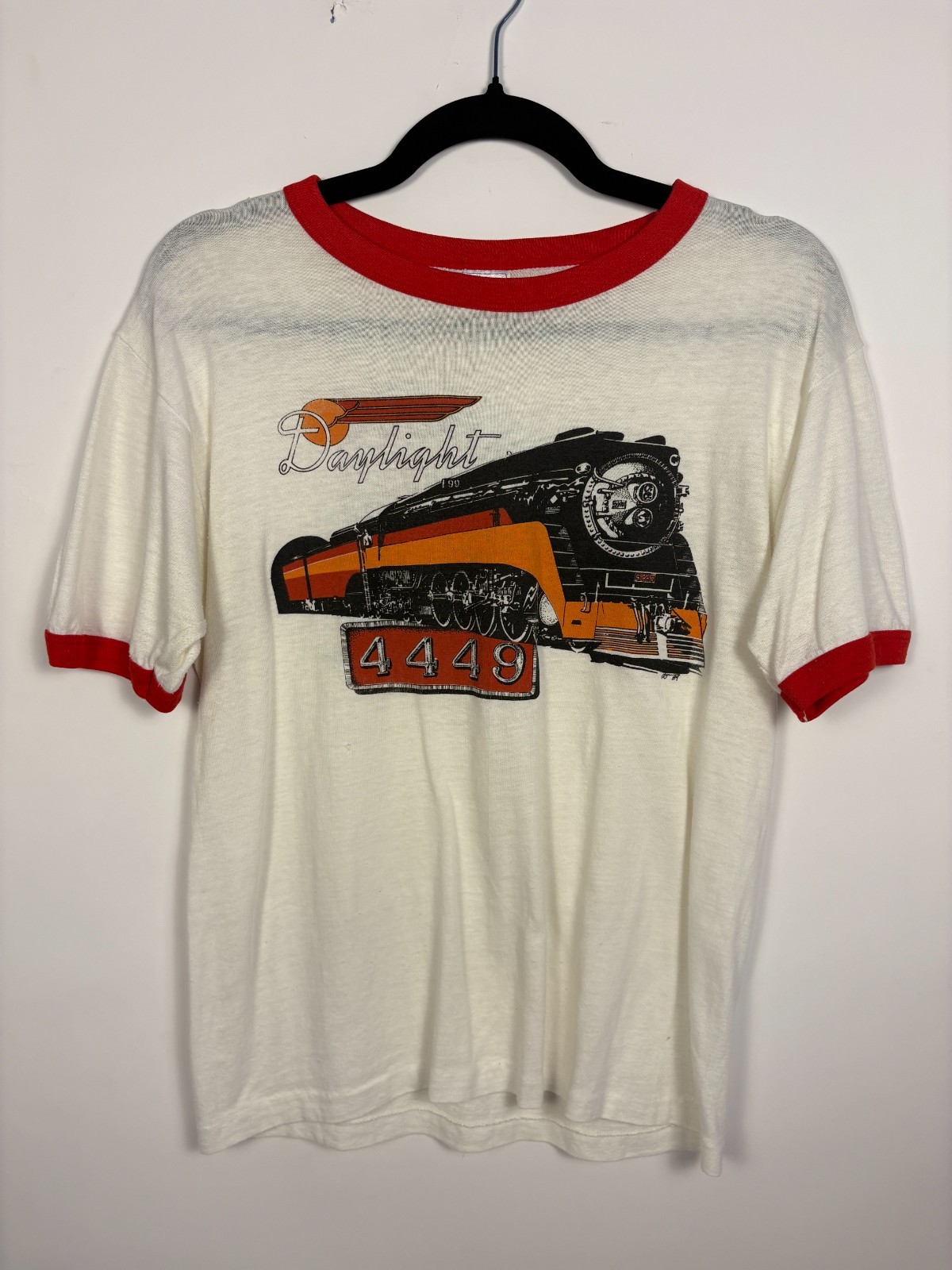 Vintage Daylight 4449 Train T Shirt 80s Hanes Ringer Tee USA Made Railroad Graph