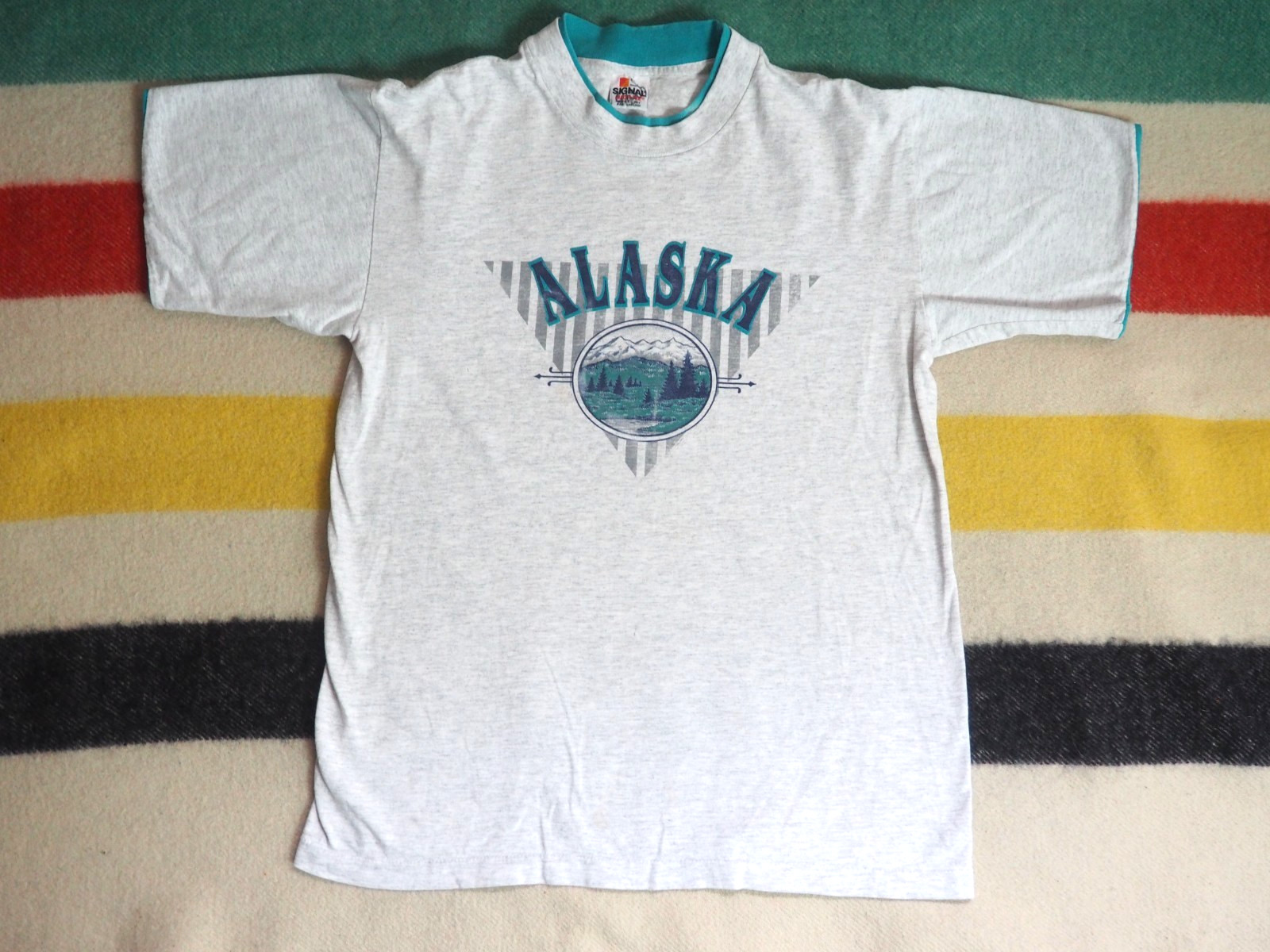 VTG 90s Signal Alaska Mountain Outdoor Nature Gray Blue USA Tee T-Shirt Mens M