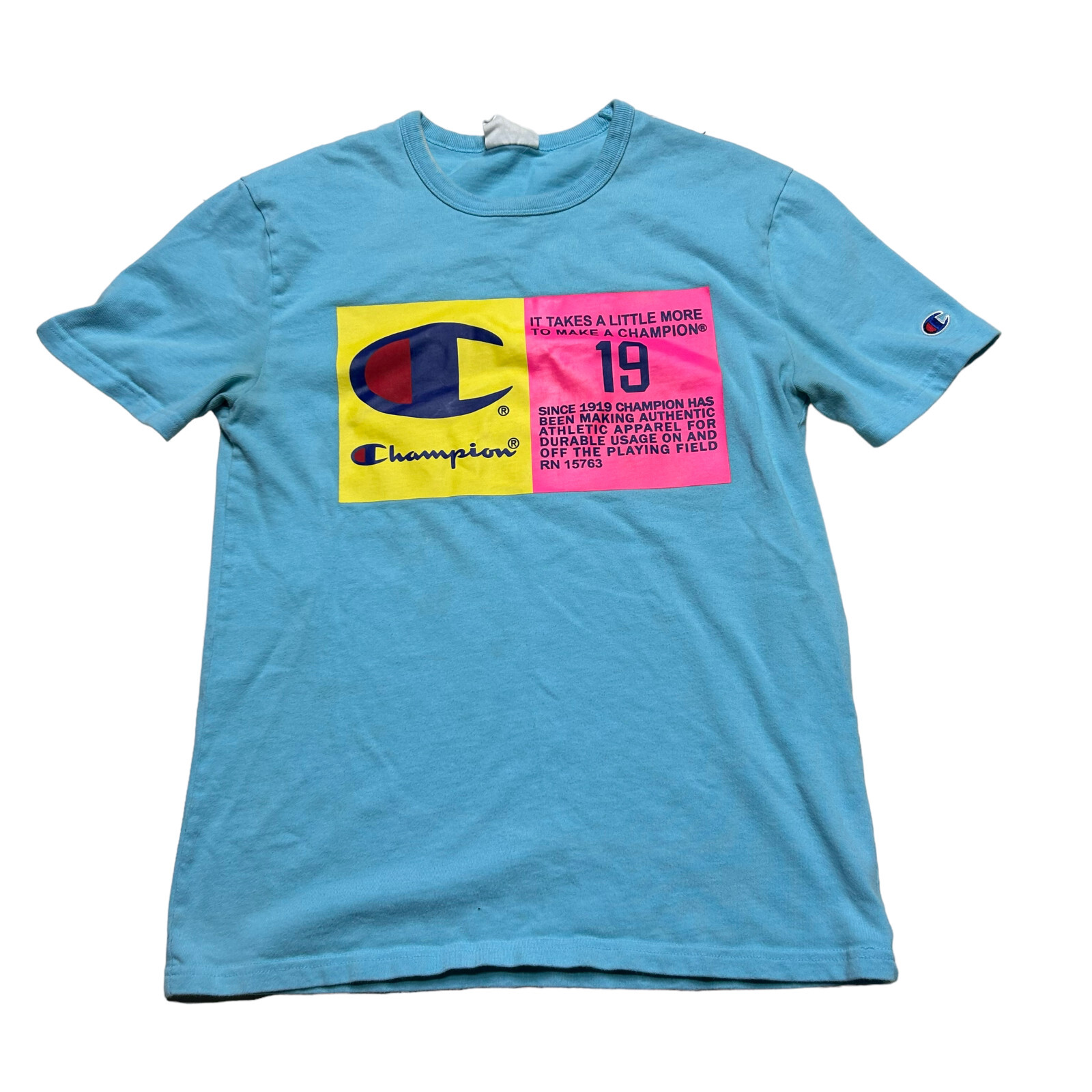 Champion Shirt Mens Small Aqua Blue Short Sleeve Casual Crew Neck