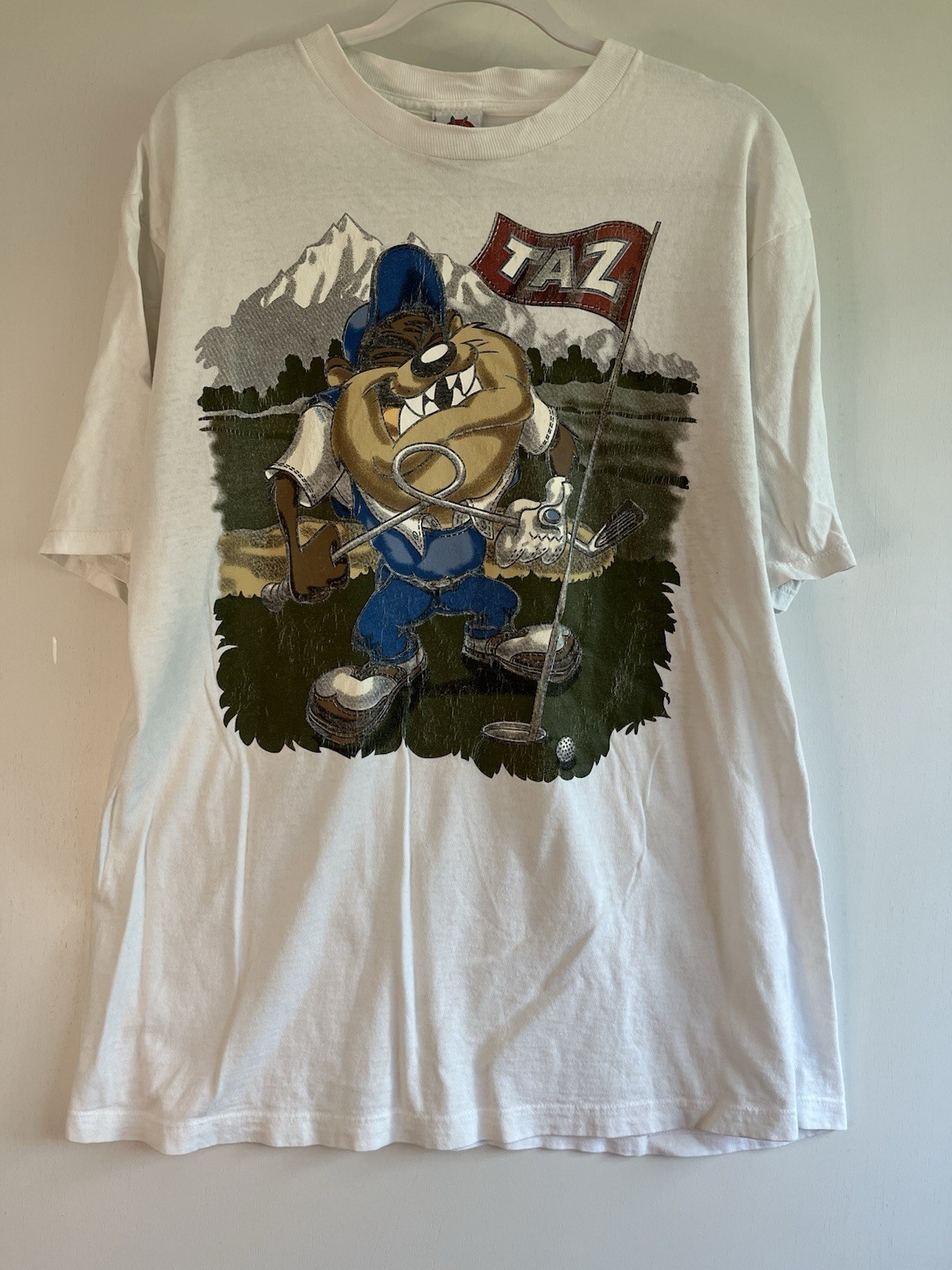 Vintage 90s Looney Tunes T-Shirt Mens L White Tasmanian Devil Taz Golf Cotton