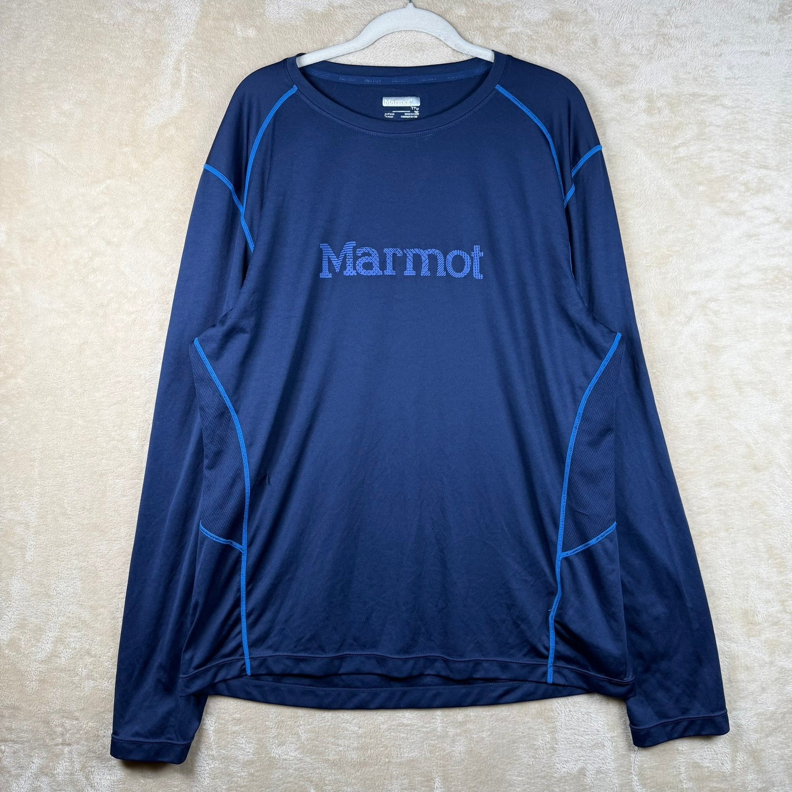 Marmot Mens XXL Long Sleeve Performance Shirt Navy Blue Graphic Logo Activewear