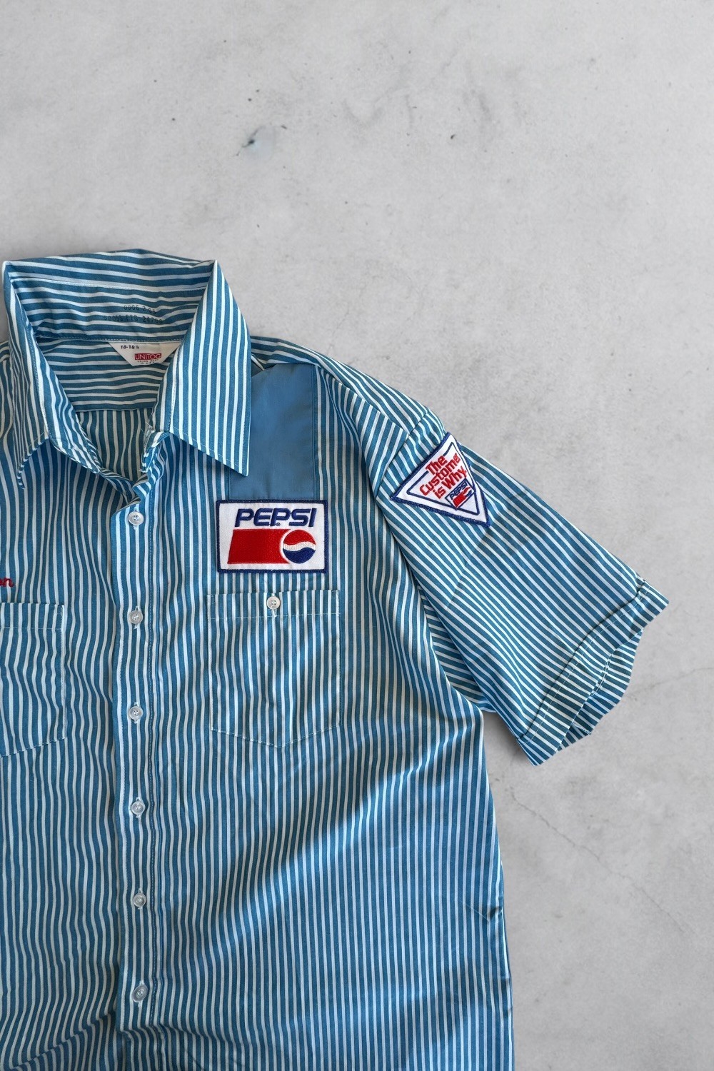 80s Pepsi “The Customer Is Why” UniTOG Striped Work Shirt Ron Sz 18-18.5