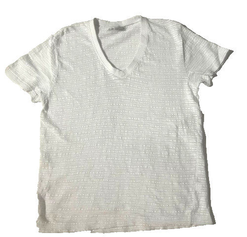 New ANDREW VELASCO Mens White Cotton Slub Stripe V-neck Tee T-shirt sz L XL