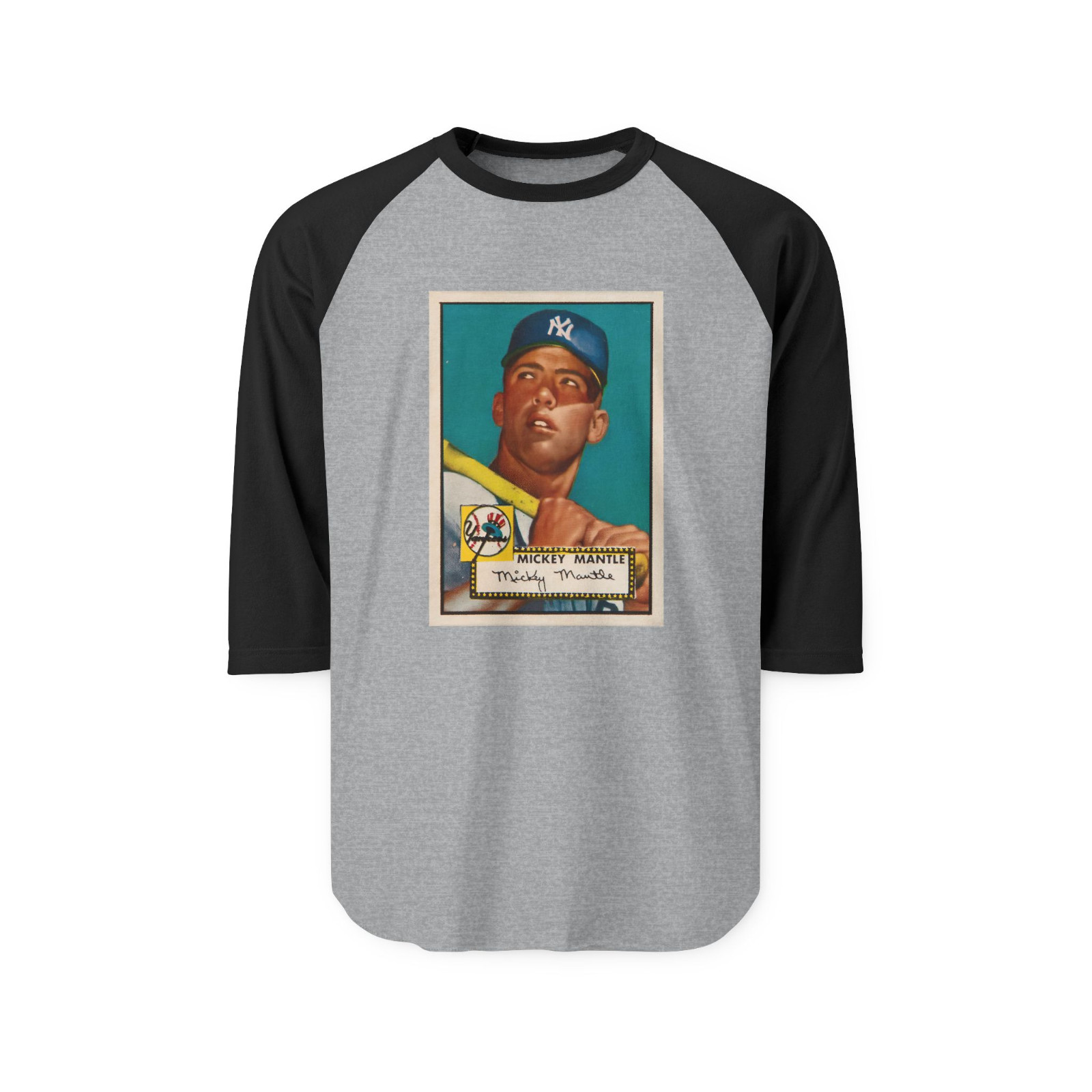 Vintage Mickey Mantle Rookie Baseball Card T-Shirt – Raglan Two Tone 3/4 Sleeves