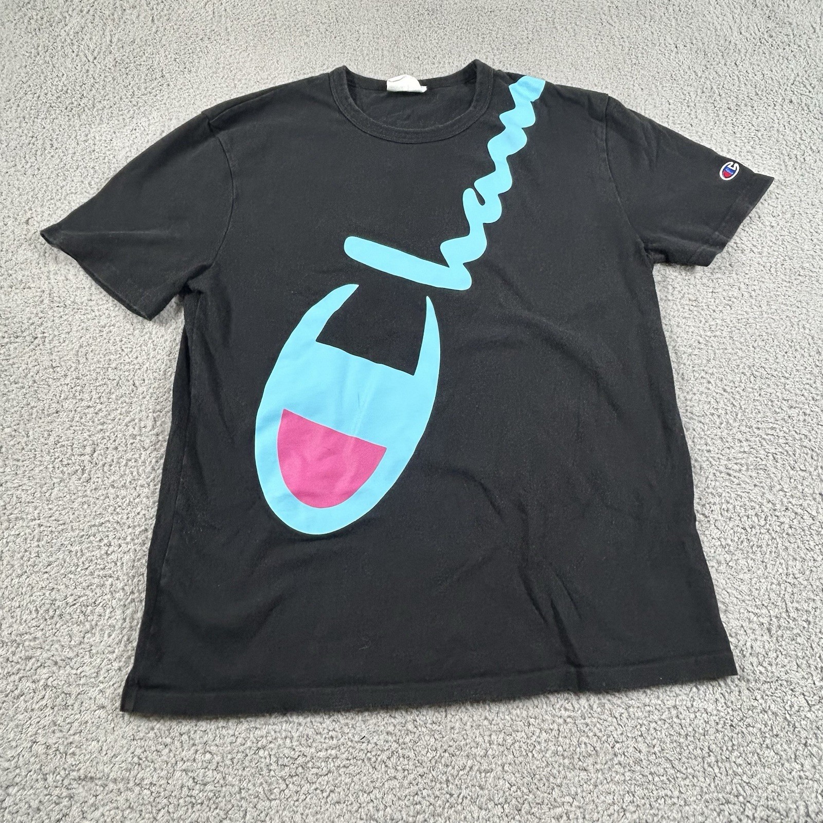 Champion Shirt Mens Medium Black Blue Pink Diagonal Script Big Logo T-Shirt
