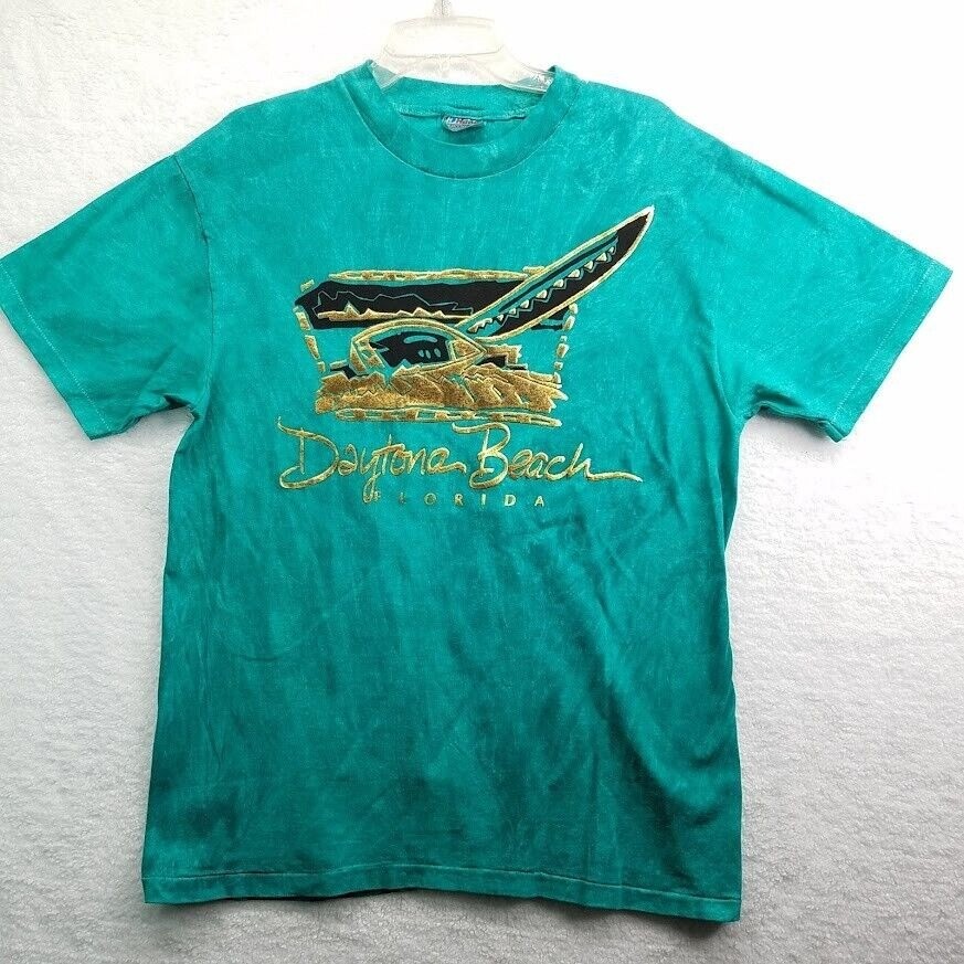 Daytona Beach Florida Shirt Large Green Blue Gold Foil Vintage 80s Single Stitch