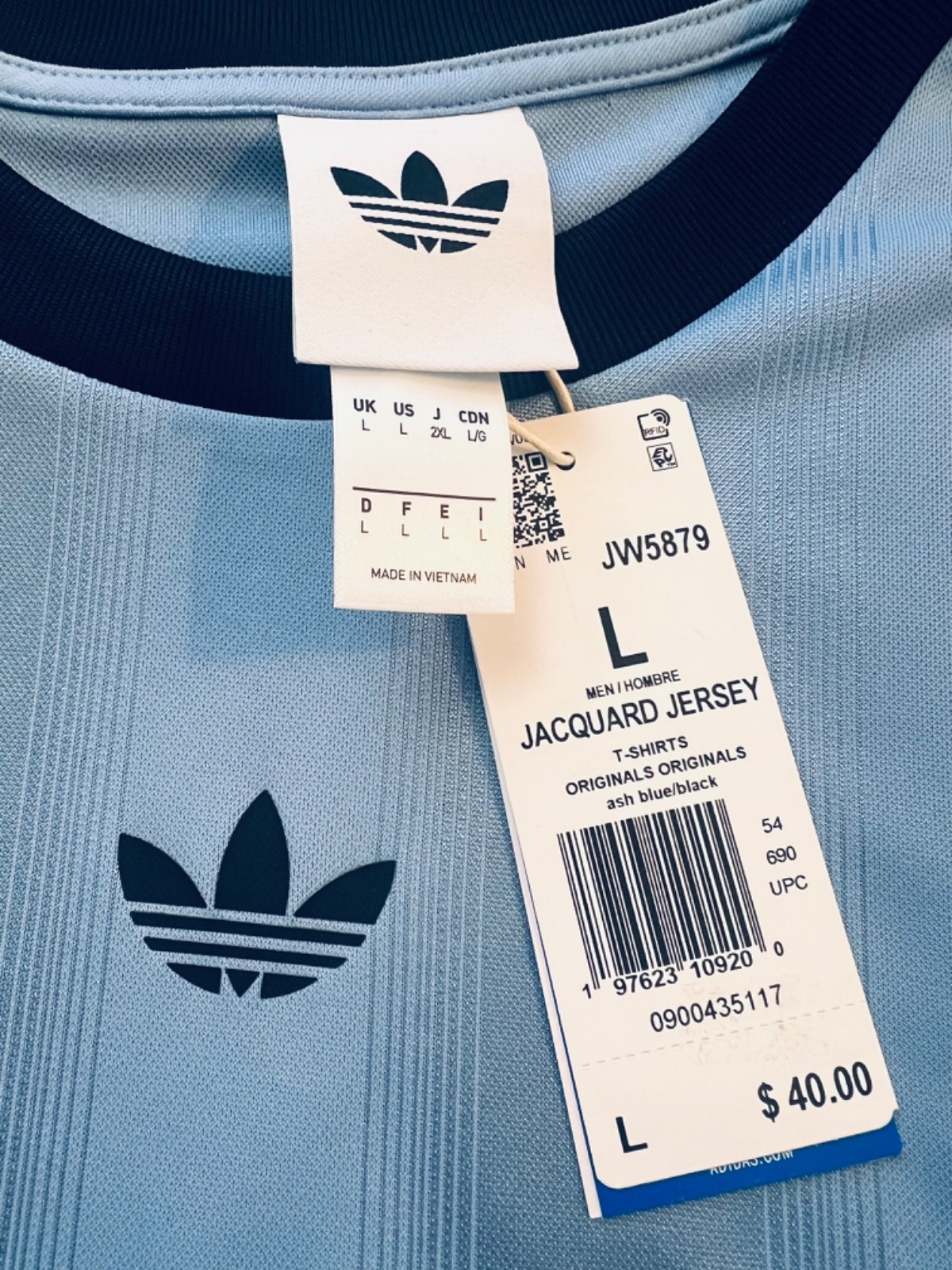 NEW MENS ADIDAS ORIGINALS Large TREFOIL POLY TEE SHIRT Jacquard Ash Blue Black
