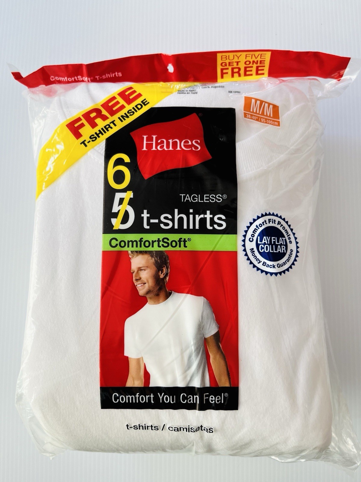 6 Hanes White M 38-40 Inch Crew Neck T-Shirts Tagless Comfortsoft M 95-100 CM