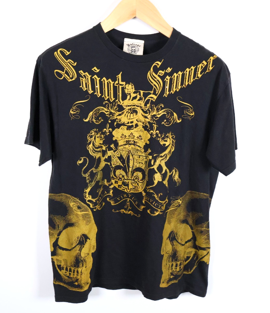 VTG Bulzeye T-Shirt Men’s Medium Black Gold Saint Sinner Skull Beaded Y2K